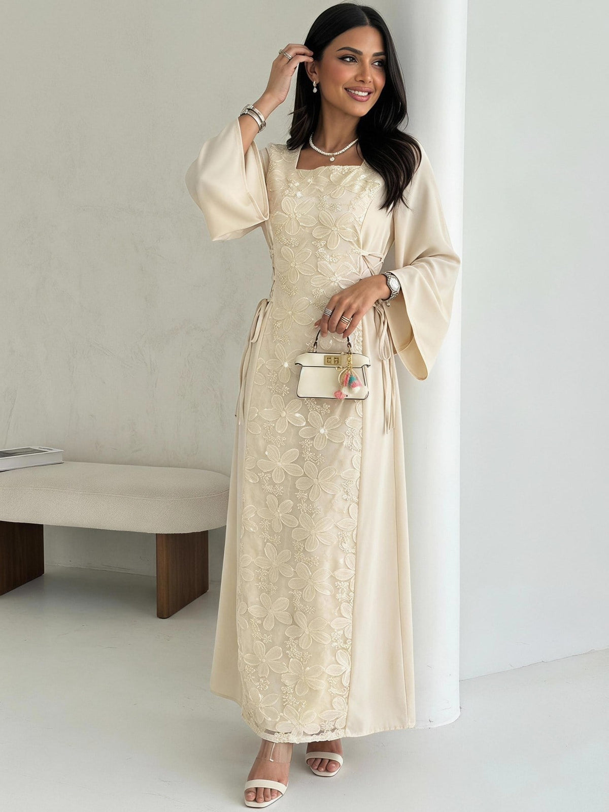 Embroidered Patchwork Dress — Square Neck, Cinched Waist
