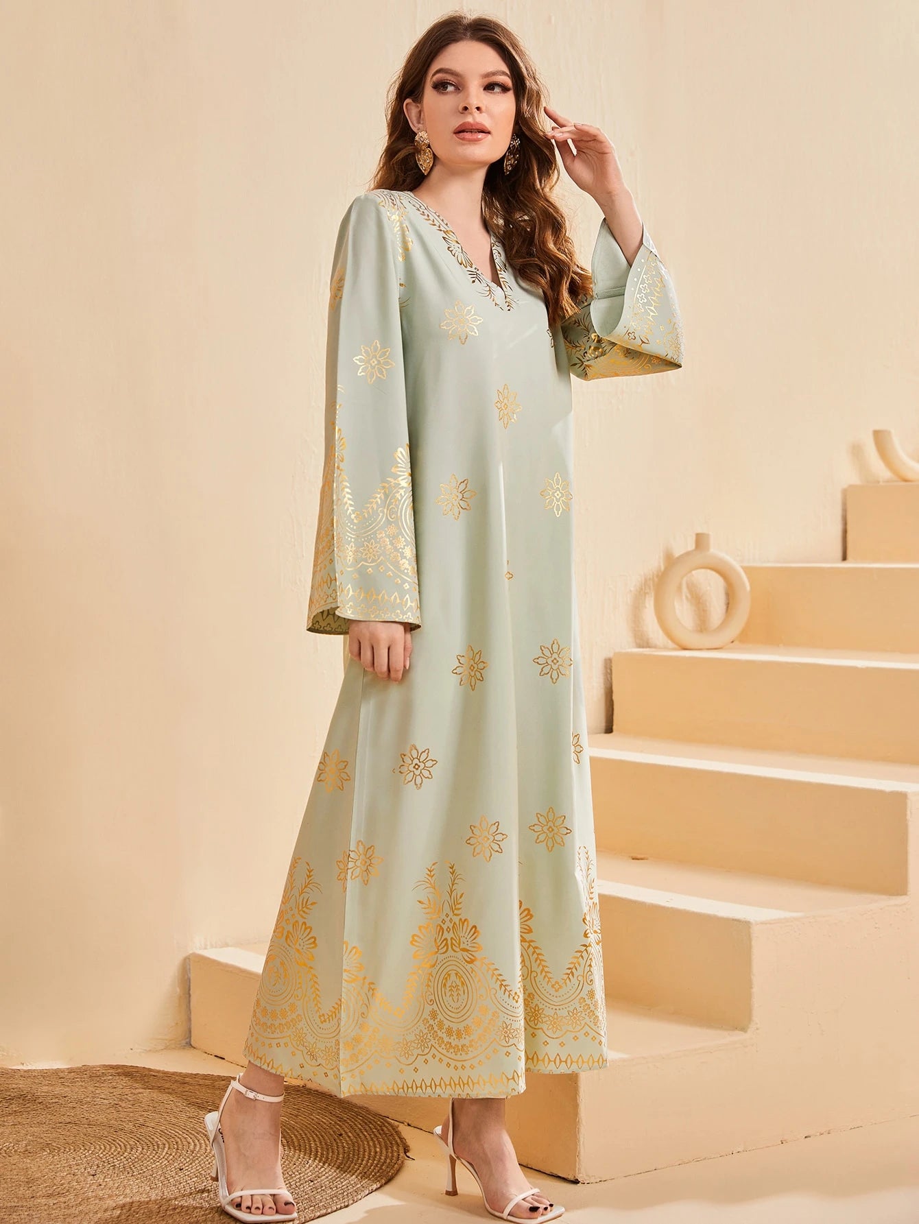 Gold Floral Print Kaftan Dress