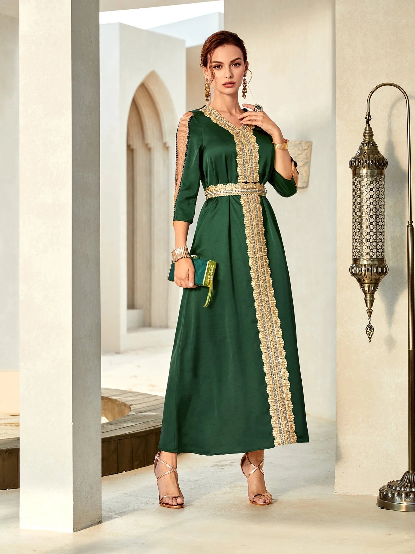 Floral Embroidery Chain Detail Modest Dress