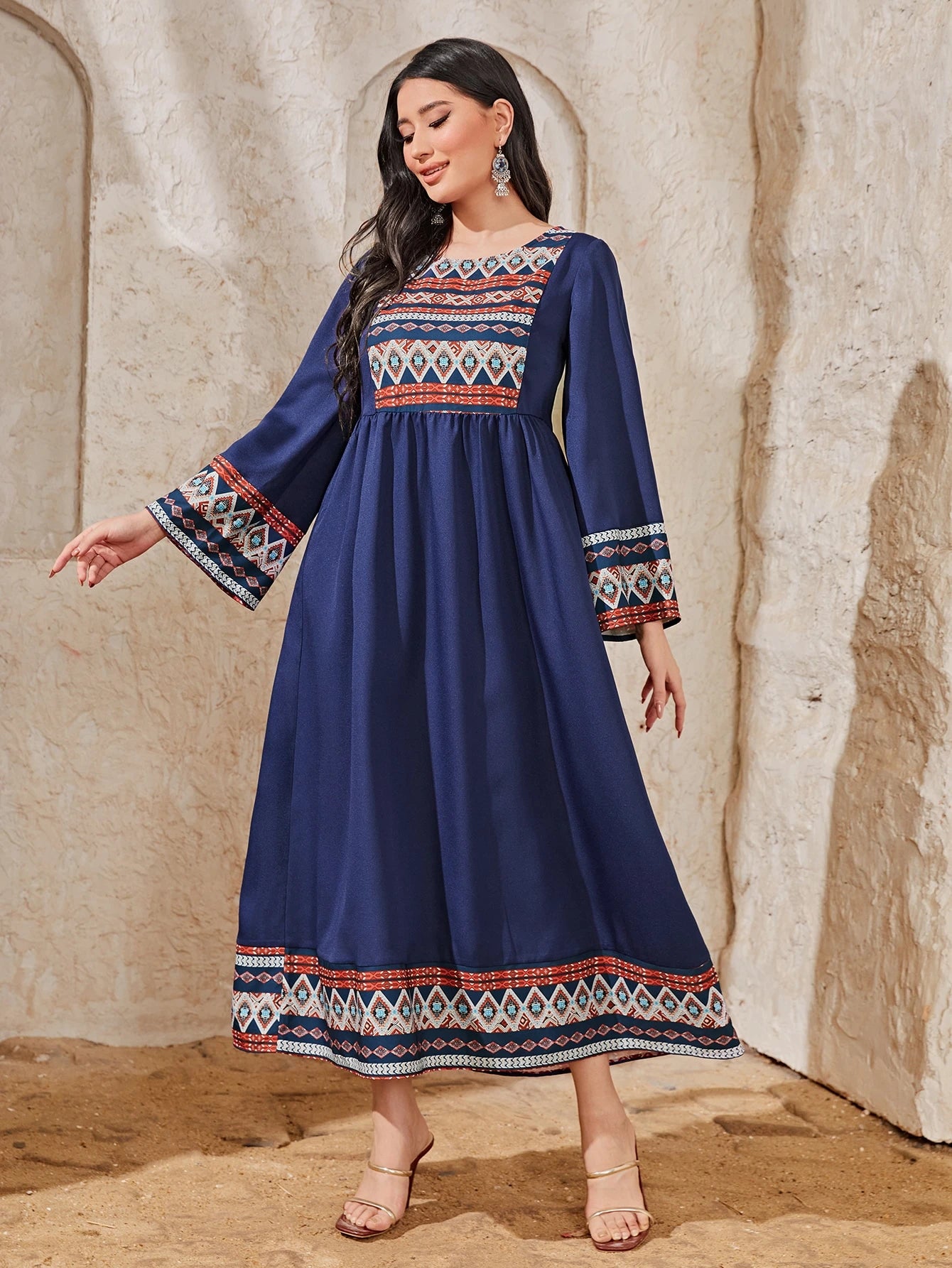 Geo Print Round Neck Smock Arabian Modest Long Sleeve Dress