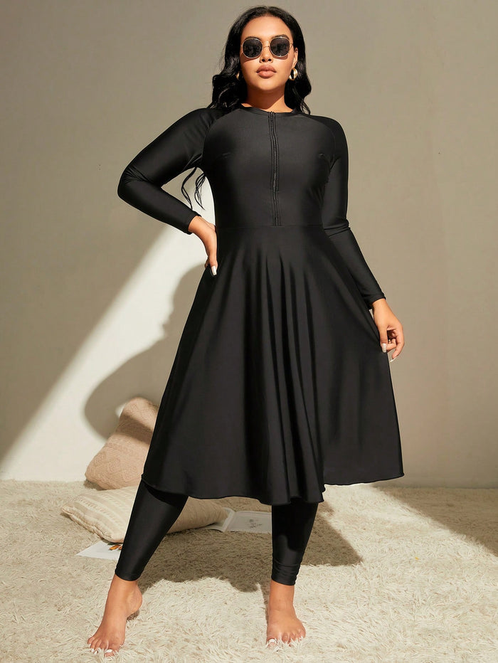 Plus Size Solid Color Front Zipper Long Sleeve Casual Top Pants