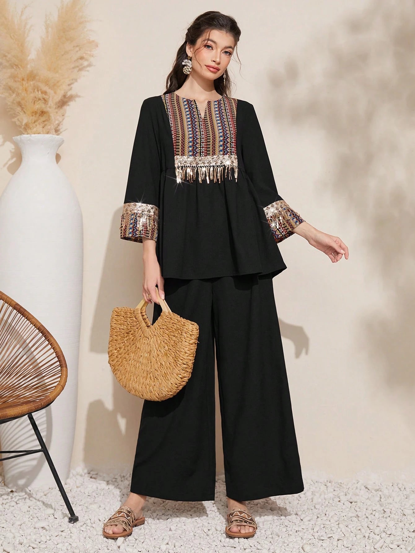 Geometric Pattern Glitter Decorated Top and Wide-leg Pants Set 2