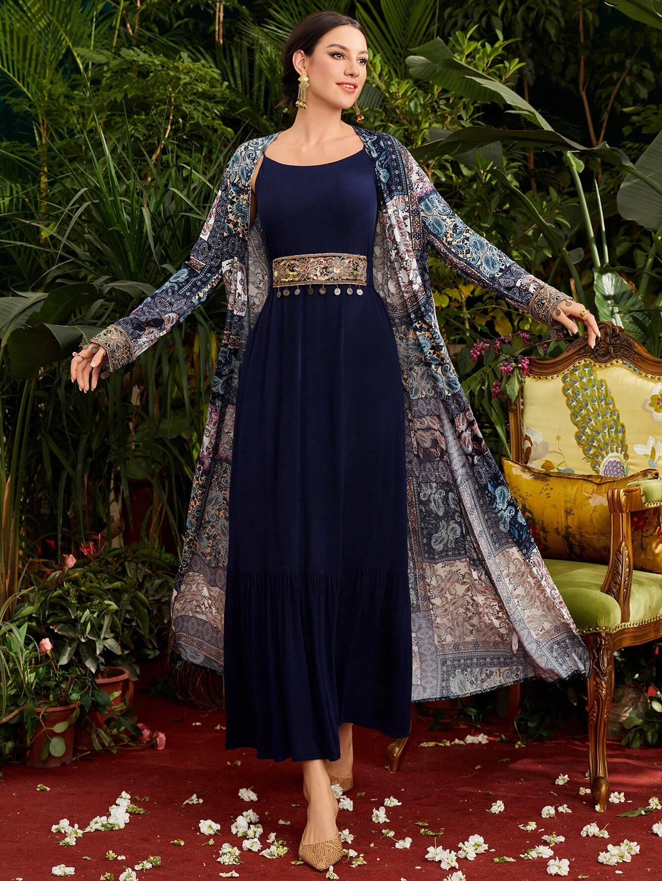 Women's Paisley Print Jacket & Embroidery Patchwork Dress Two Pieces