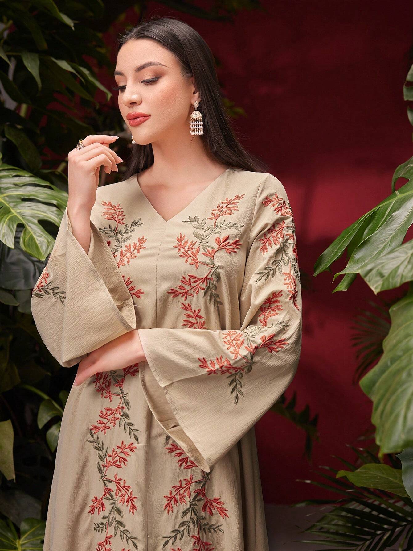 Floral Embroidery Flare Sleeve Modest Long Sleeve Dress