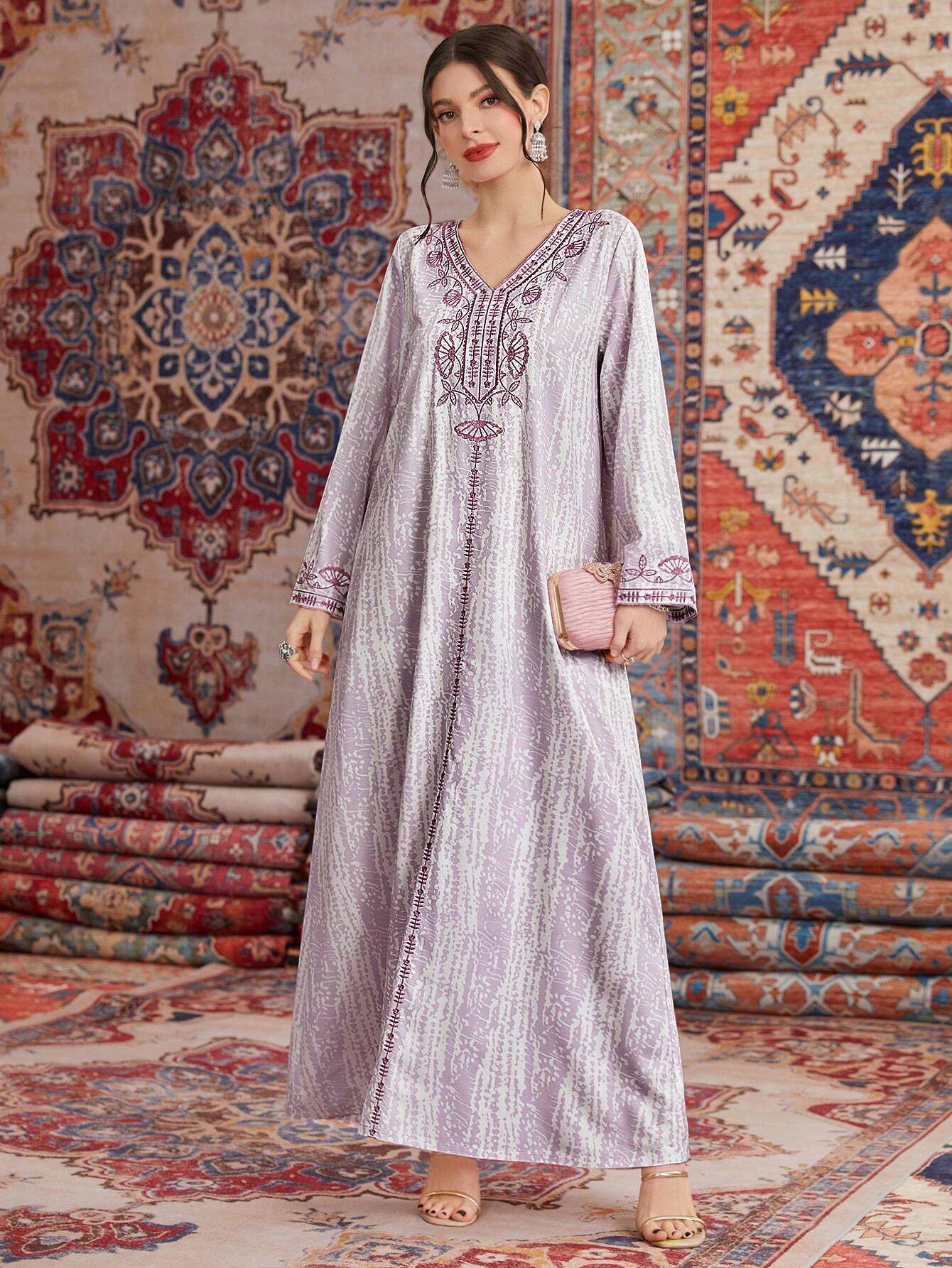 Women's Plant Embroidery Long Sleeve Arabian Dress