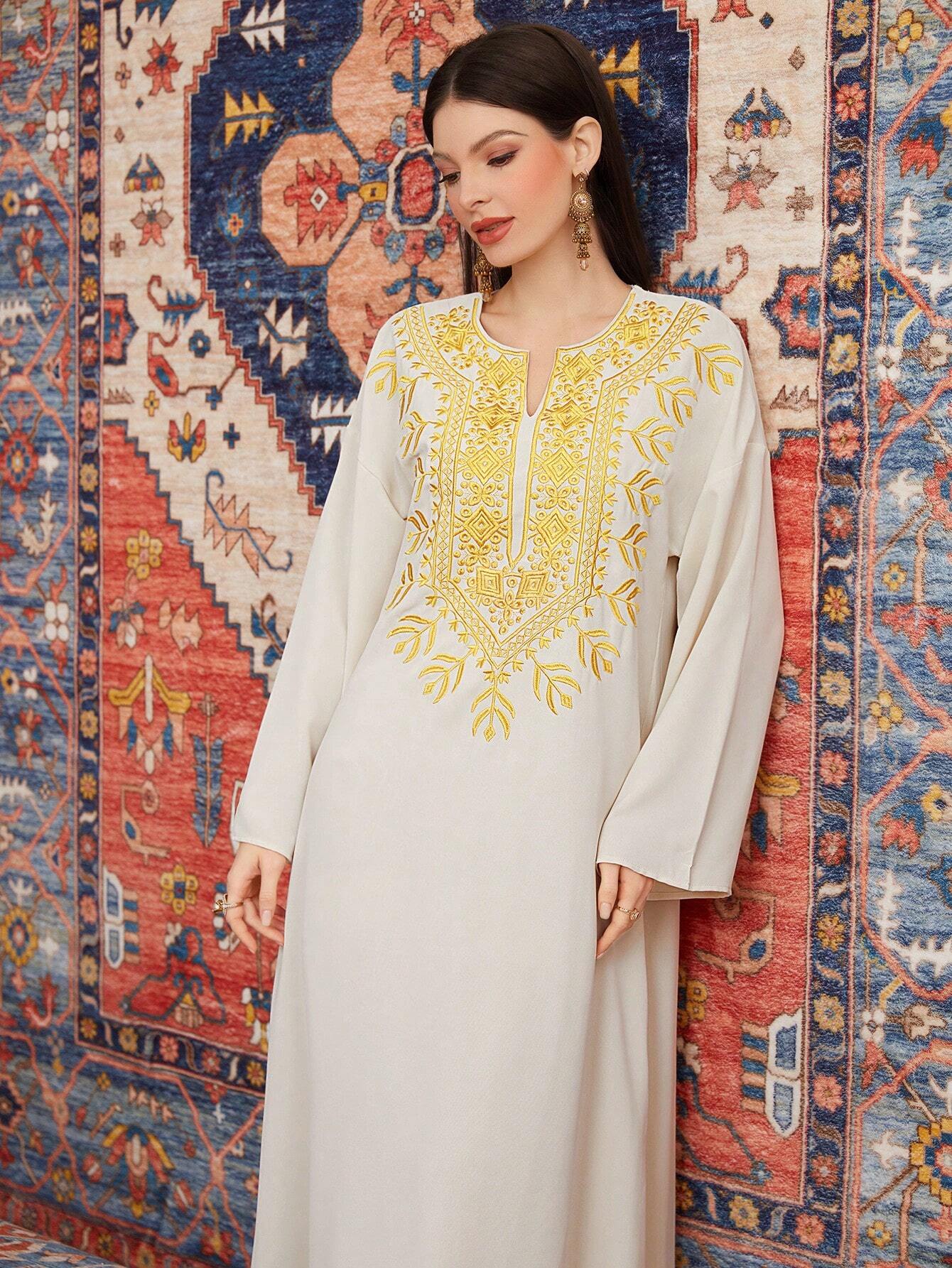 Women's Embroidery Trim Collar & Notch Neck Arabic Jalabiya Dress