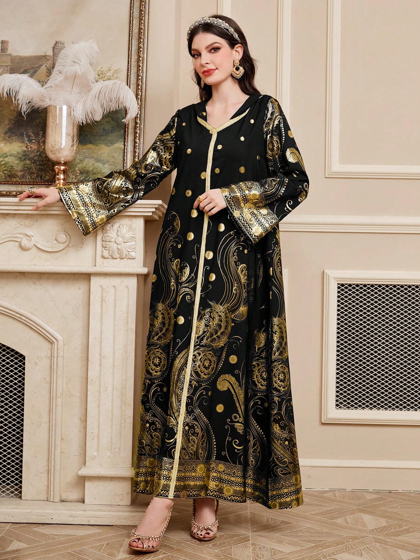 Women's Hooded Jalabiya Dress with Gold Print and Woven Belt