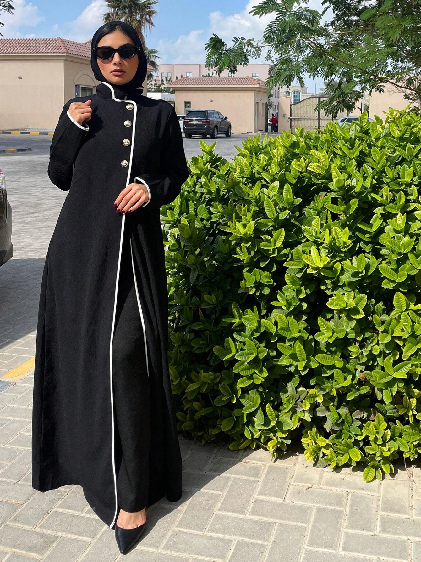 Women's Colorblock Button Front Modest Long Sleeve Arabian Abaya