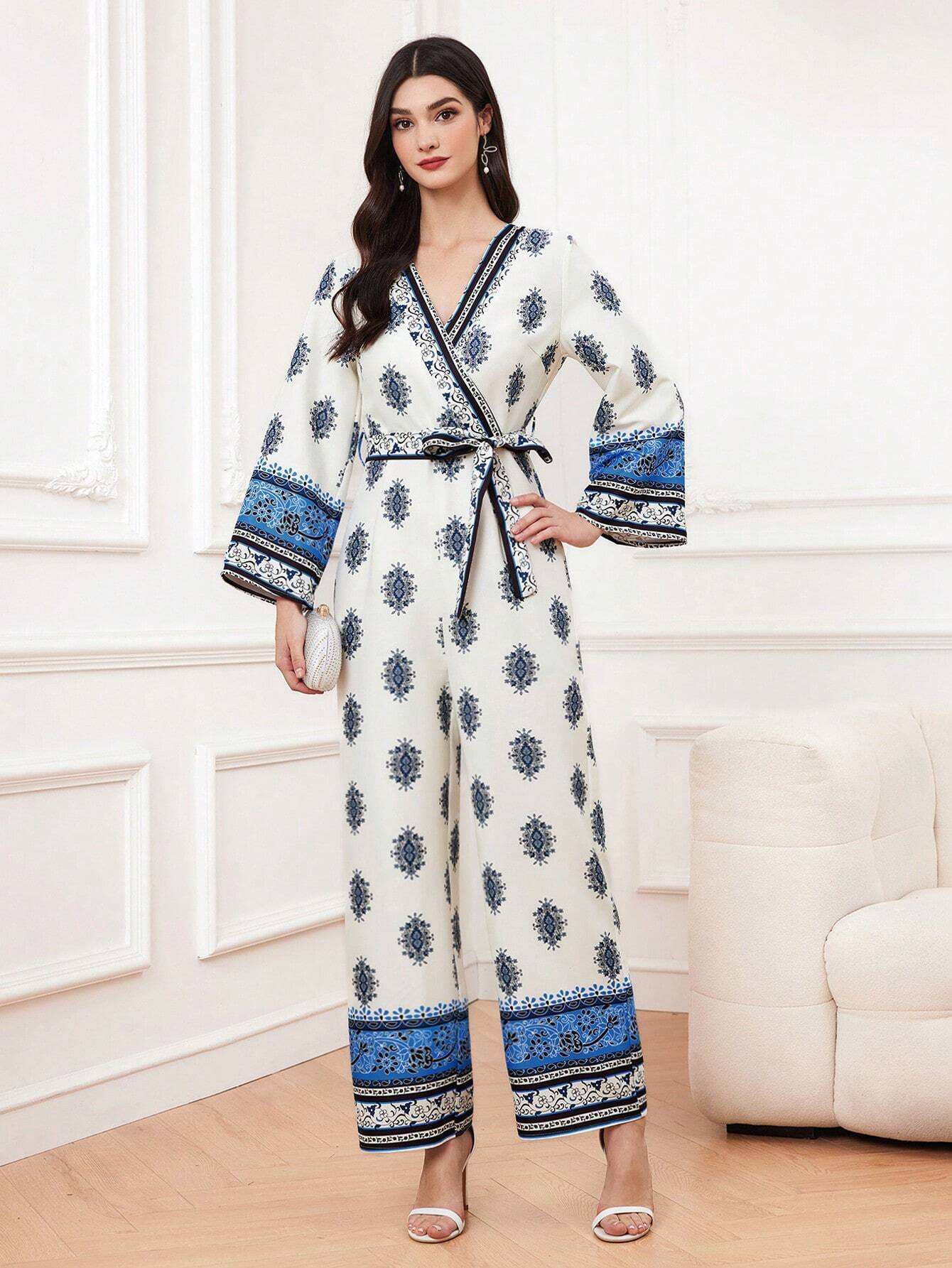 Women's Full Print Wrapped Jumpsuit Fall Cloth for Women