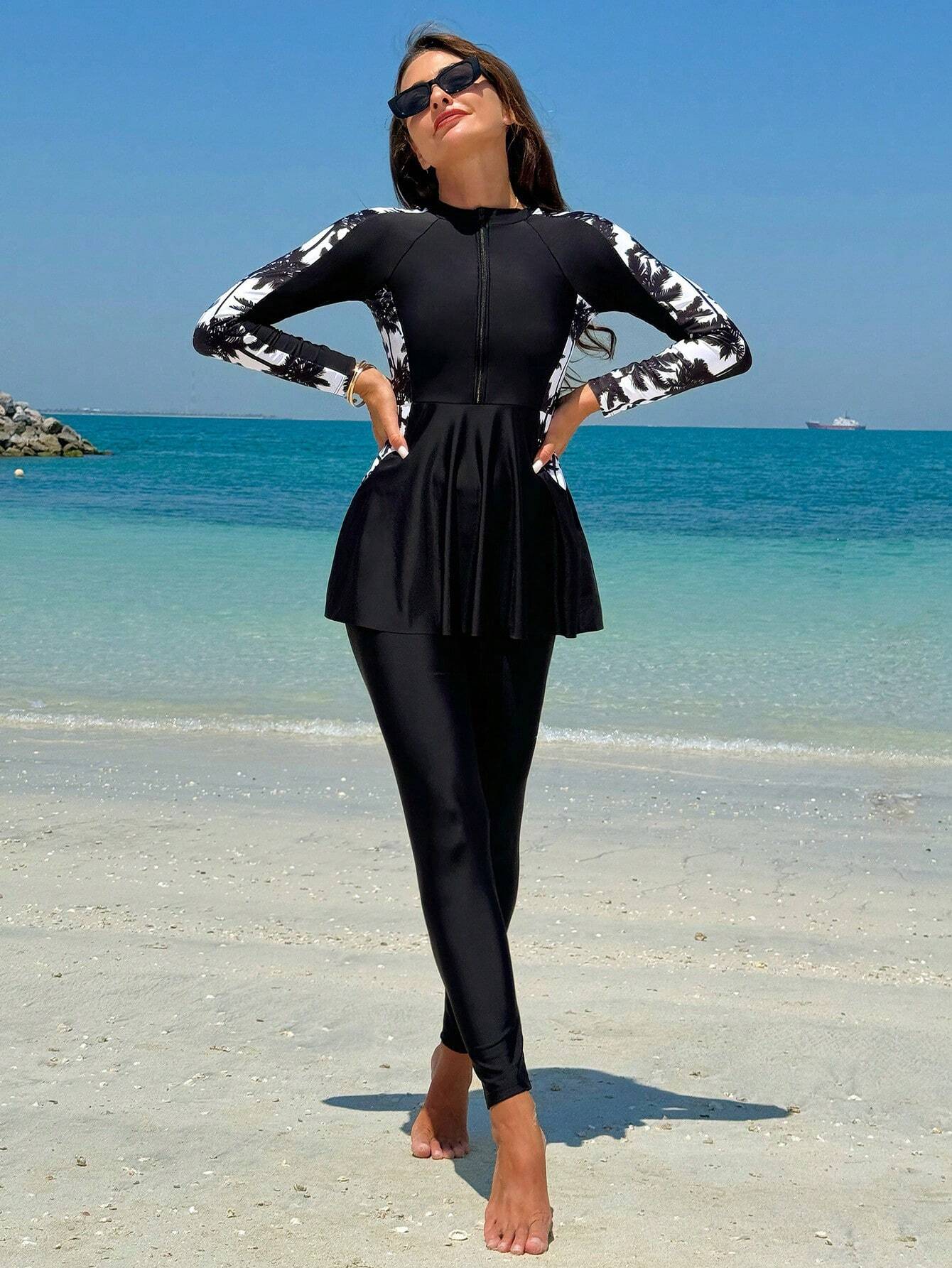 Women Summer Beach Conservative Style Contrast Plant Print Burkini