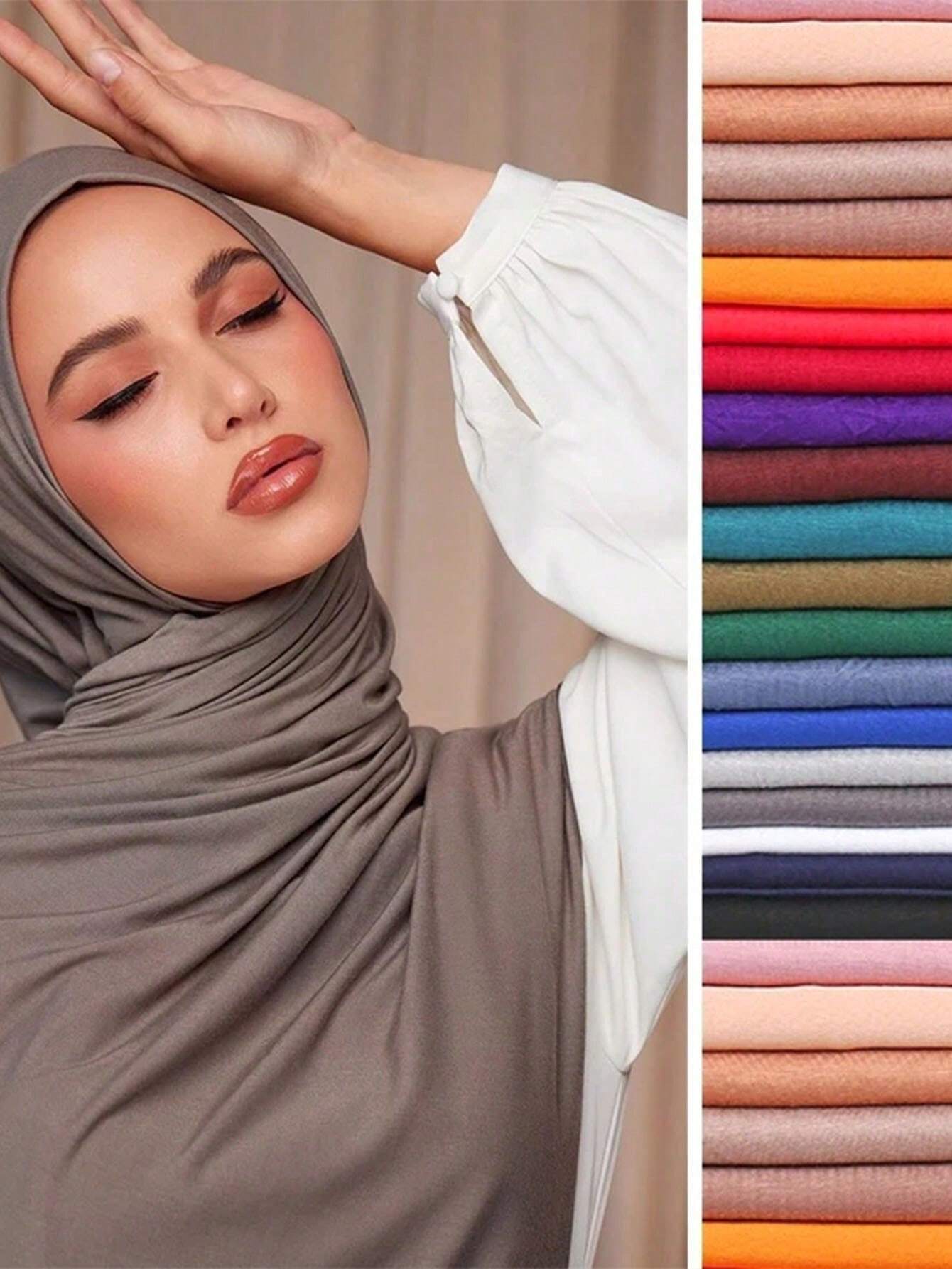 Women Beach Accessories Solid Color Scarf Hijab Set Islamic Soft