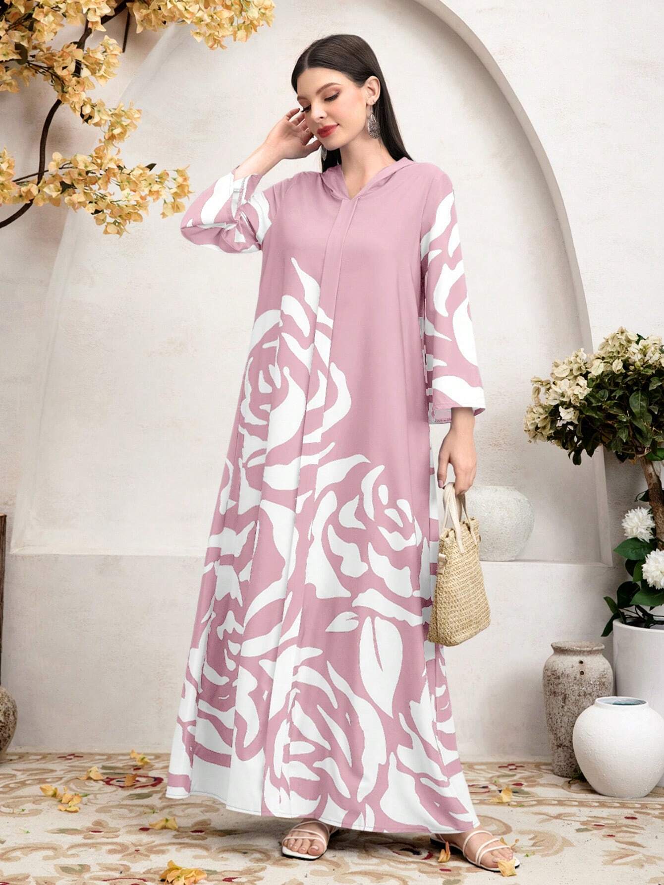 Loose Fit Arabian Hooded Printed Casual Modest Long Sleeve Dress