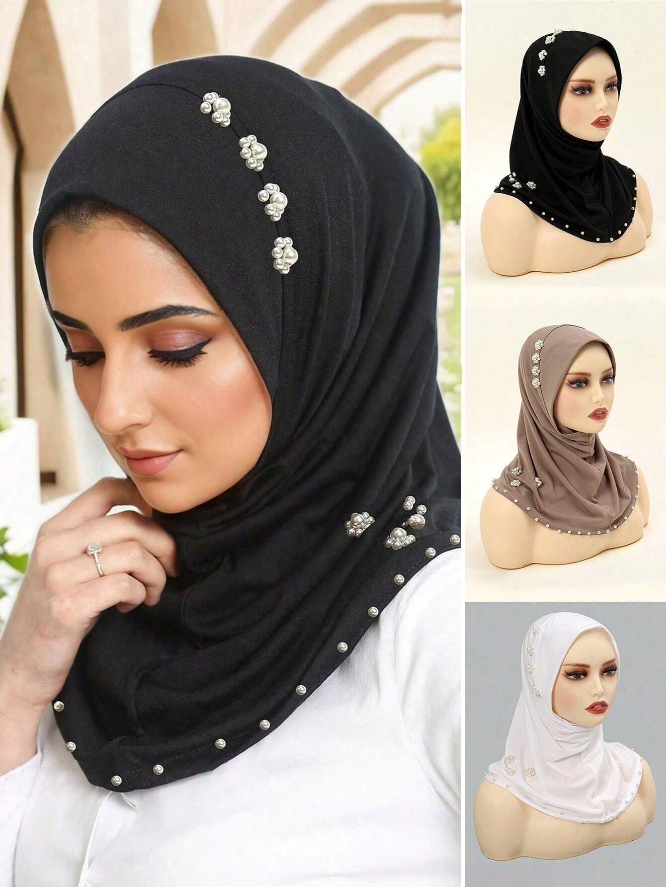 Elegant 1pc Women Hijab Fashionable Pearl & Flower Decor Hijab