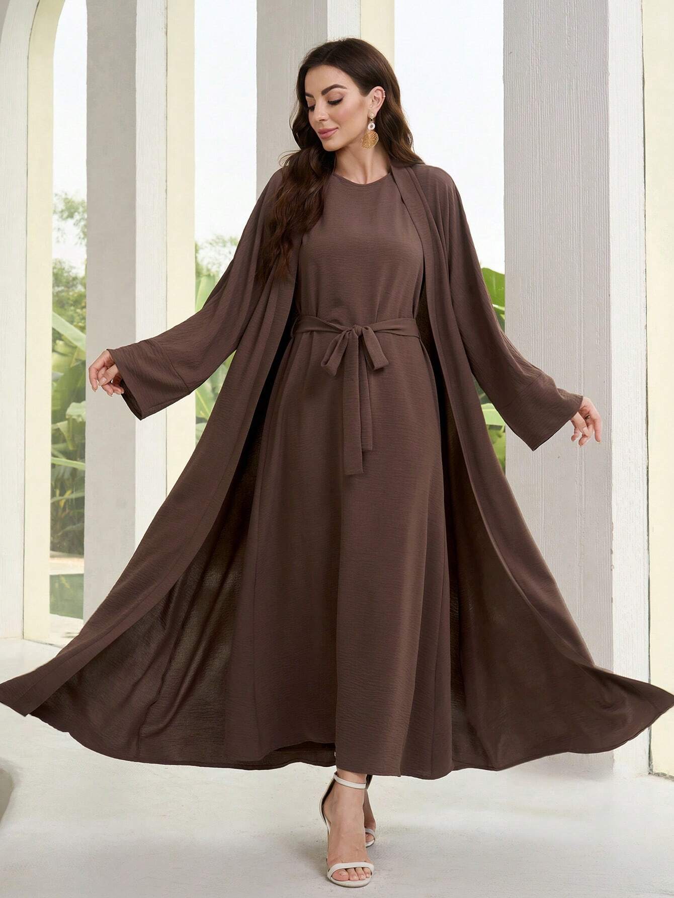 Women's Solid Color Simple Daily Cape Coat Dress 2-piece Set