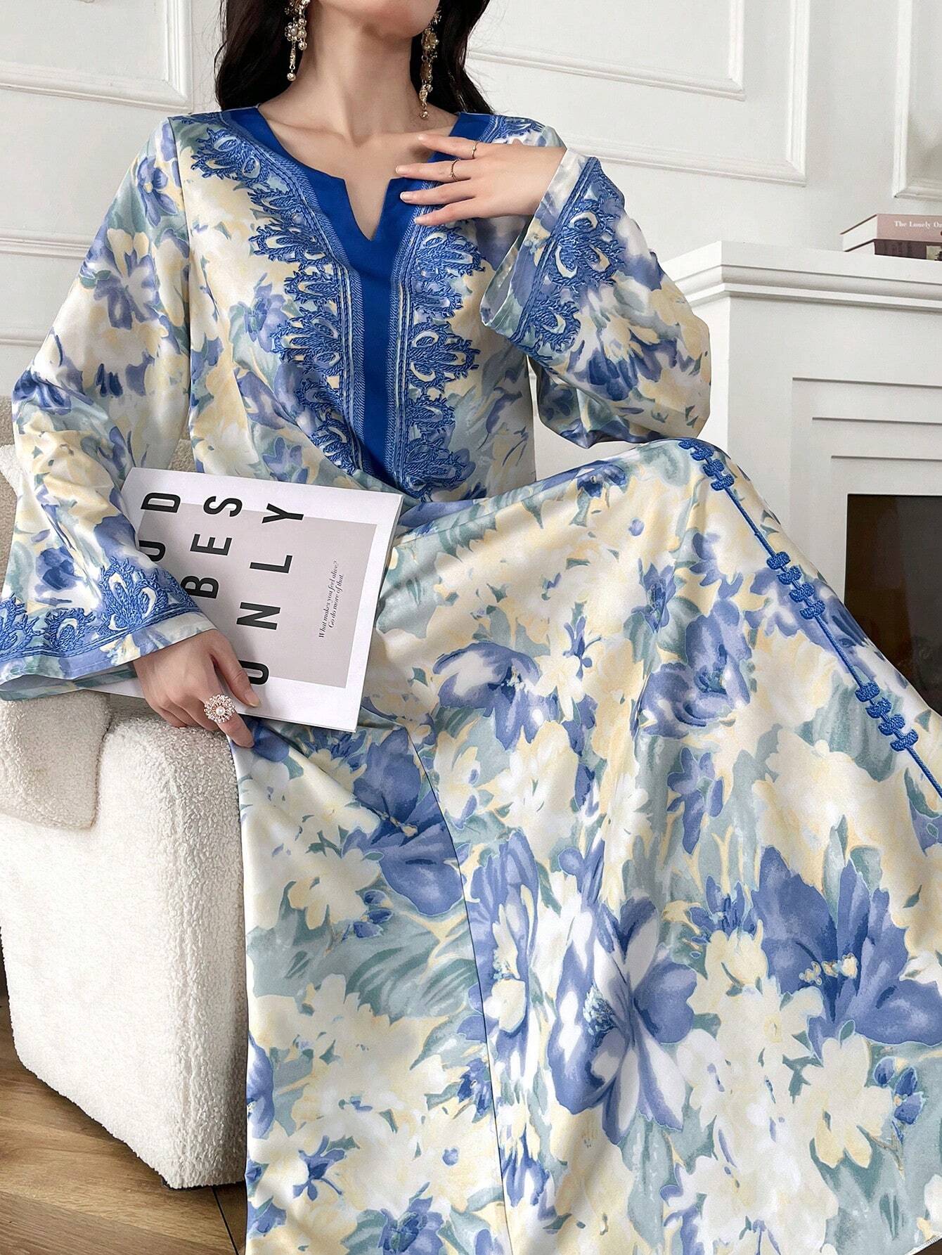 Women's Elegant Floral Print Long Bell Sleeve Modest Dress