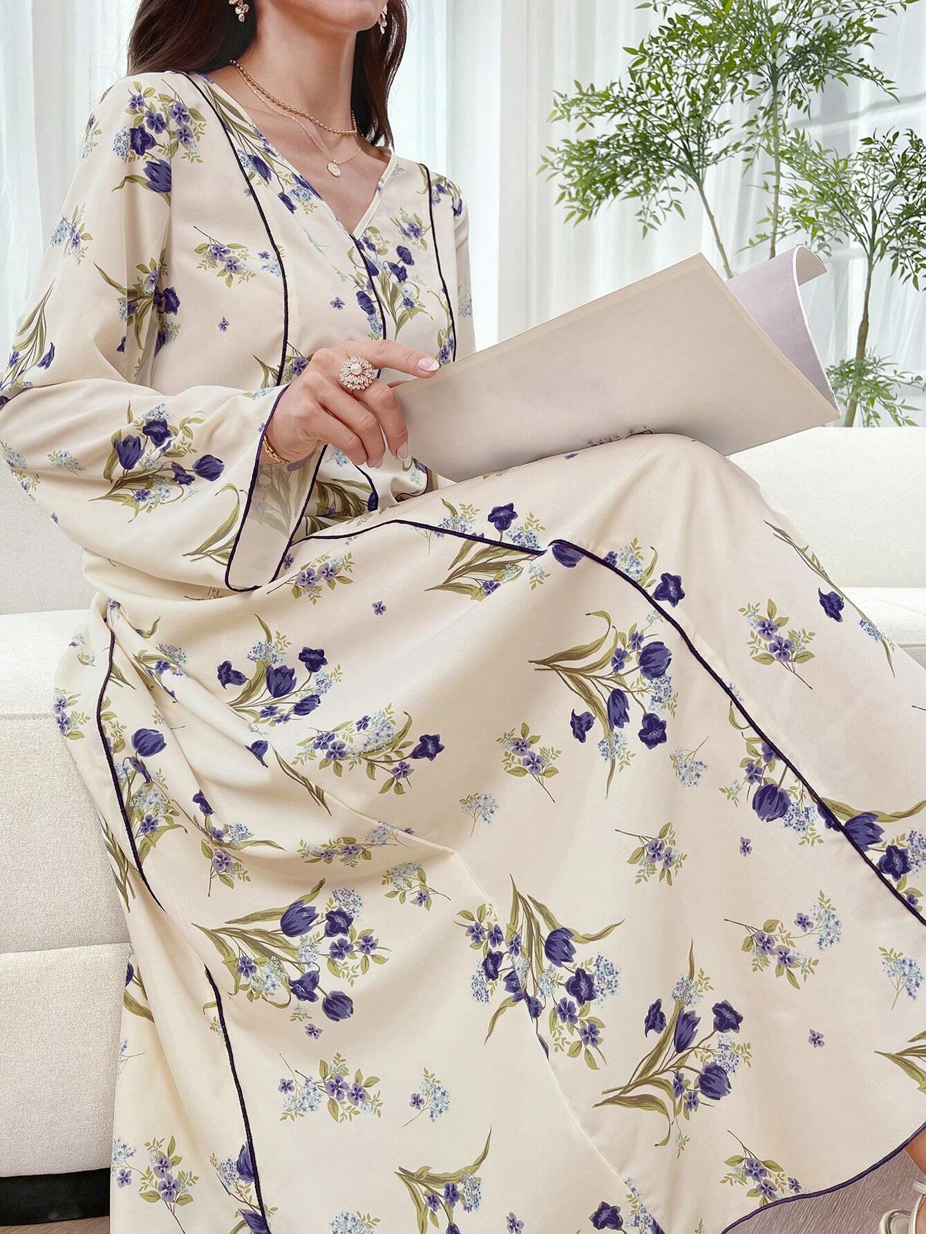 Women's Elegant Floral Printed Bell Sleeve Long Dress