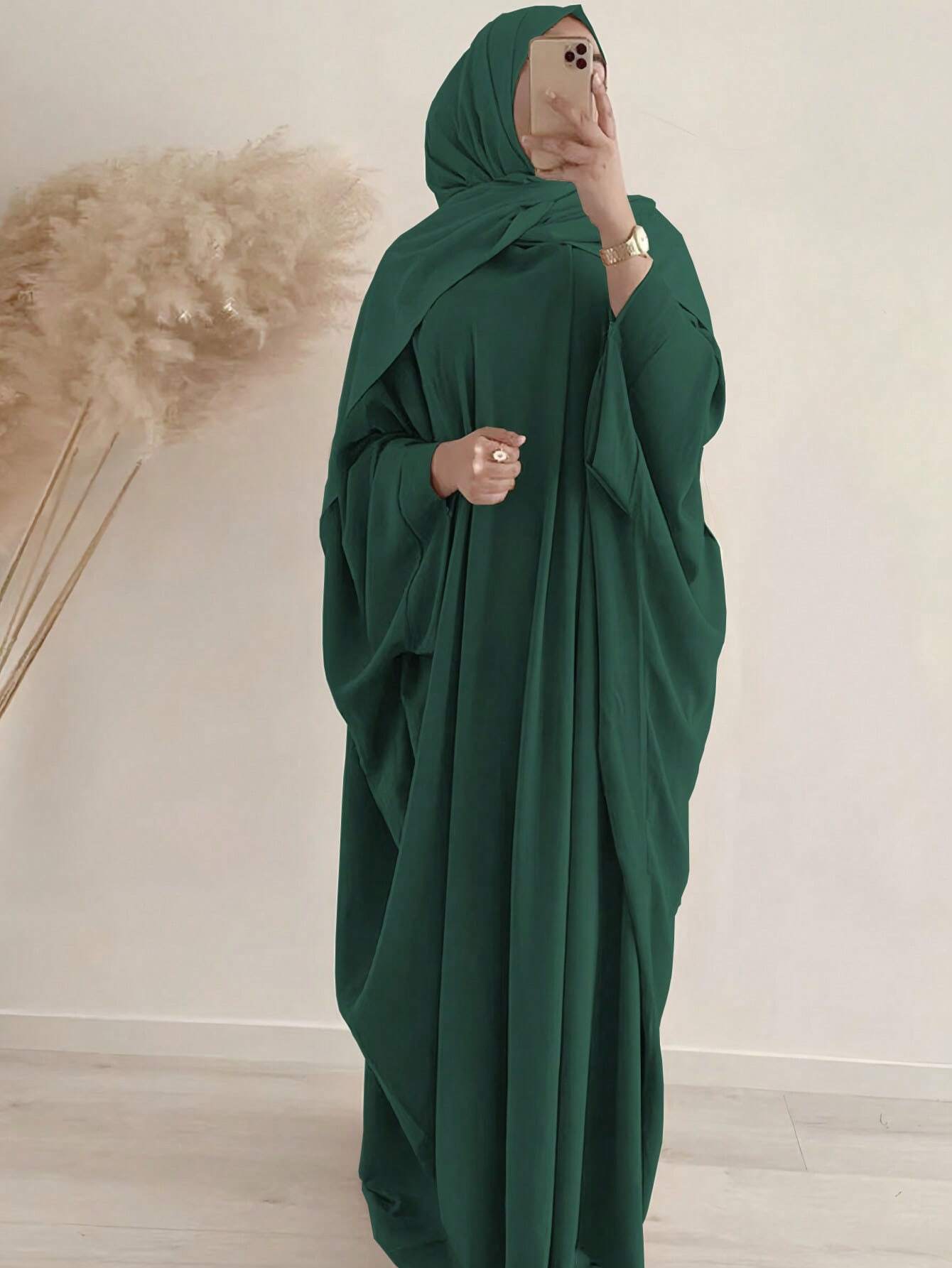 Women Long Abaya Dress with Bat Wing Sleeves and Matching Headscarf