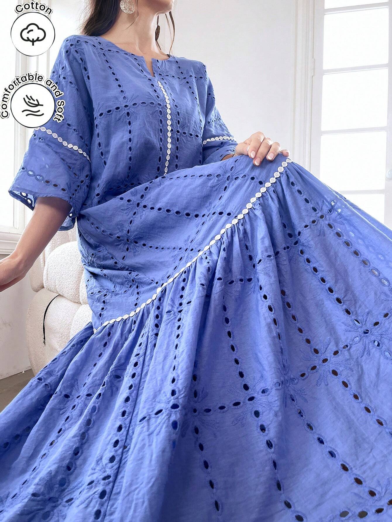 Eyelet Embroidery Ruffle Hem Smock Modest Long Sleeve Dress for Summer