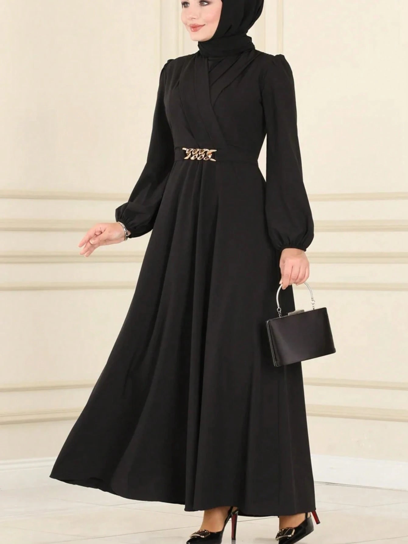Women's Elegant Long Sleeve Round Neck Bishop Sleeve Arabic Style