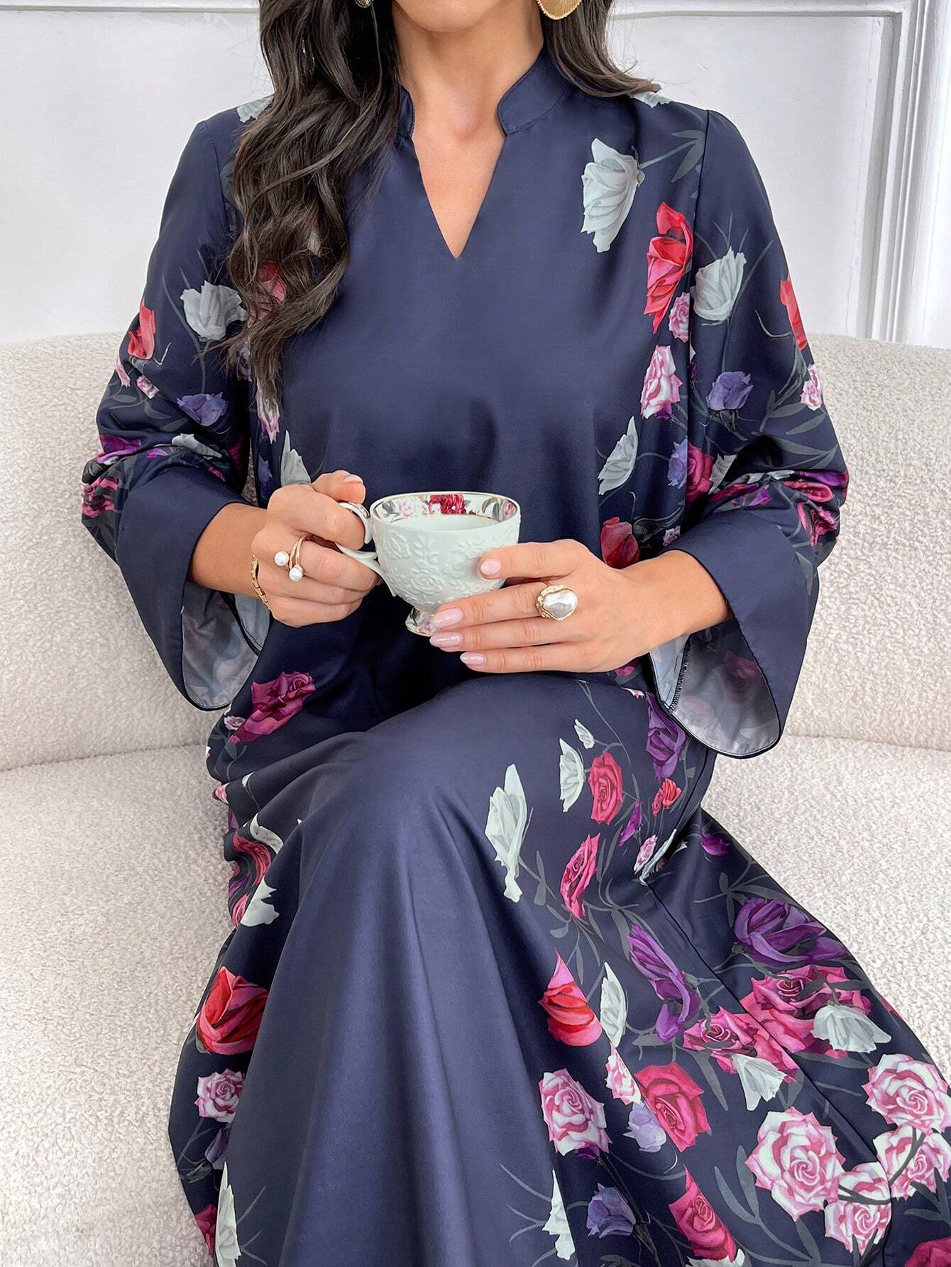 Ladies Spring Summer Elegant Flower Print Long Arabian Modest Long