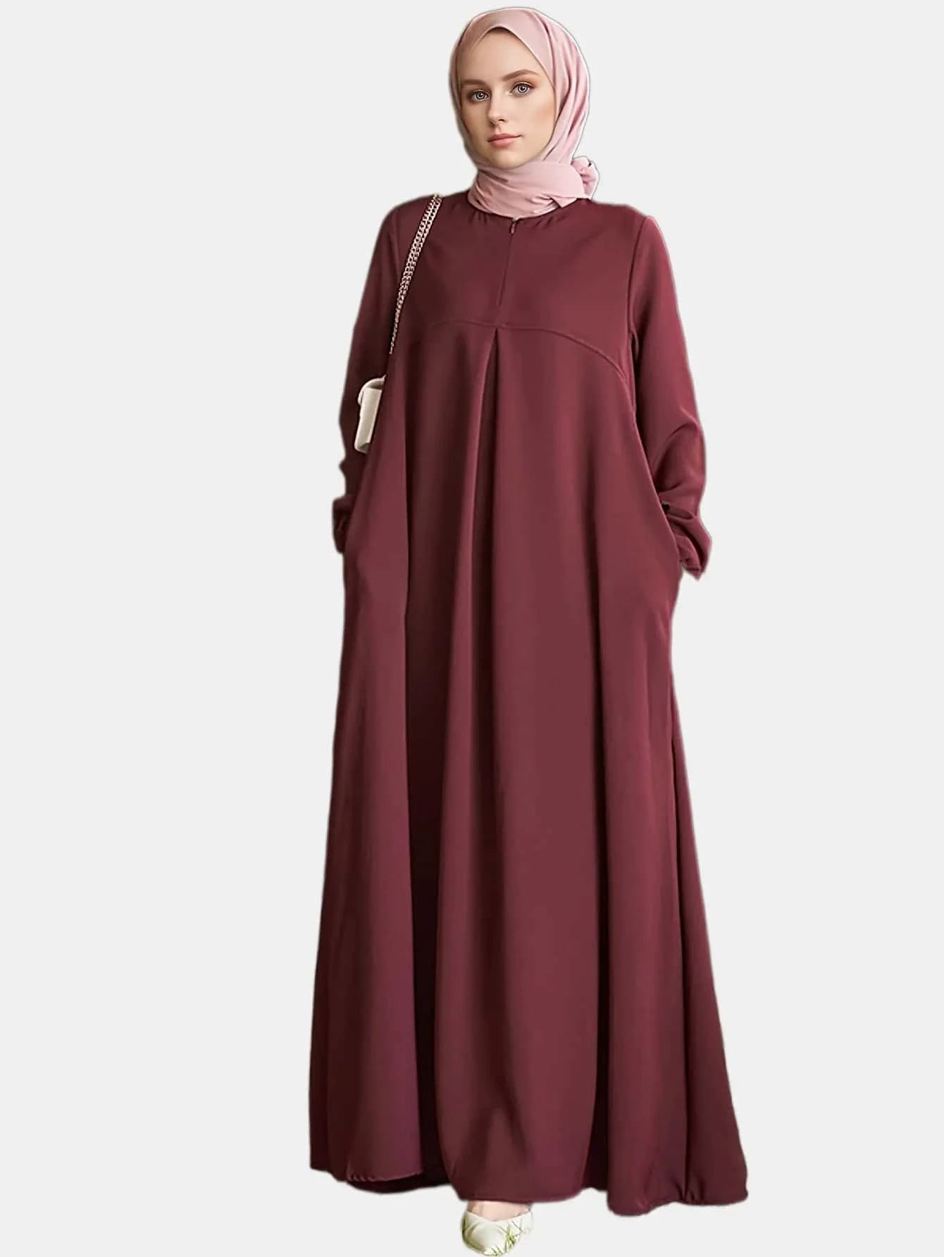 Women's Fashionable Solid Color Round Neck Long Sleeve Pocket Abaya