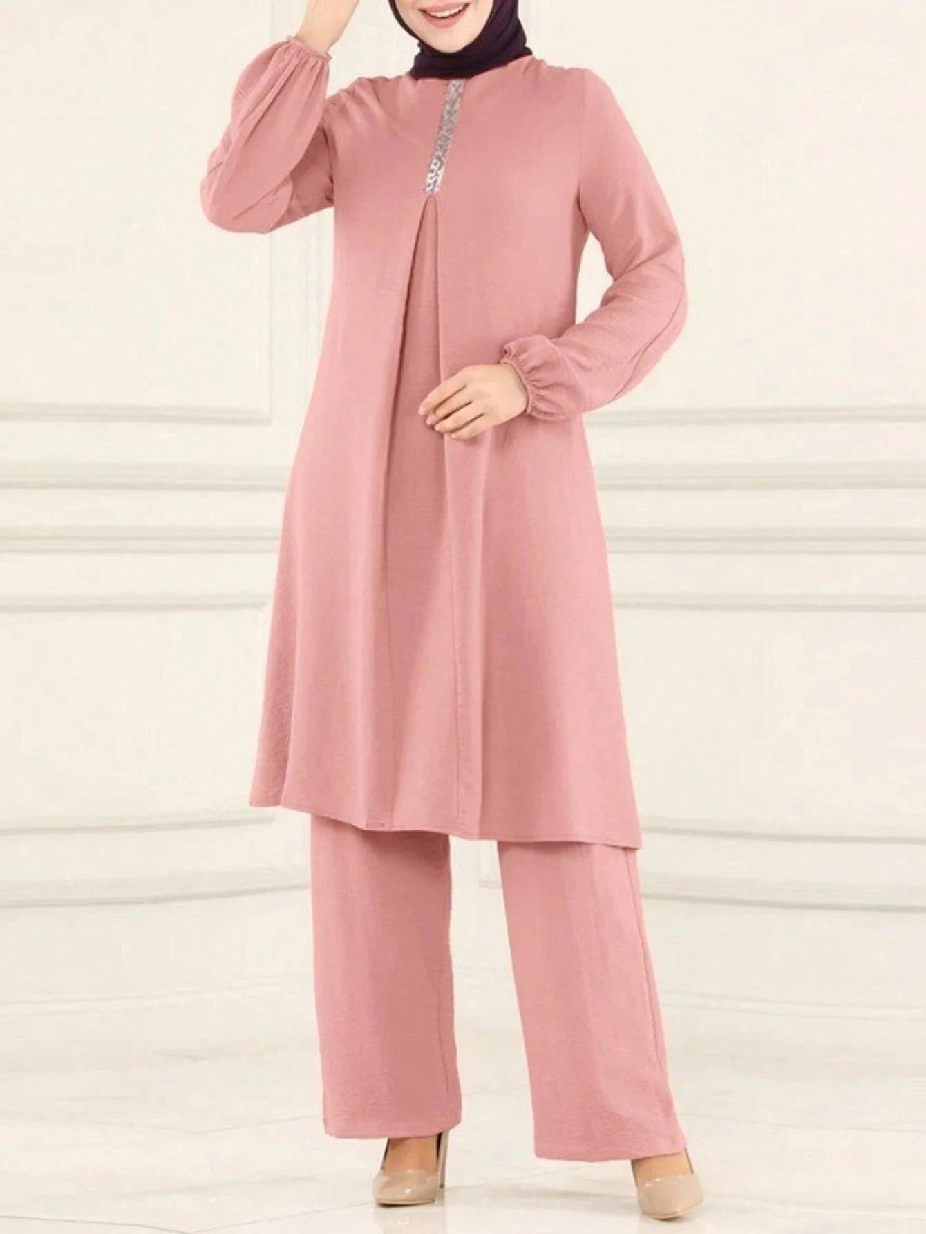 Women's Casual Solid Color Round Neck Top with Loose Fitting Pants