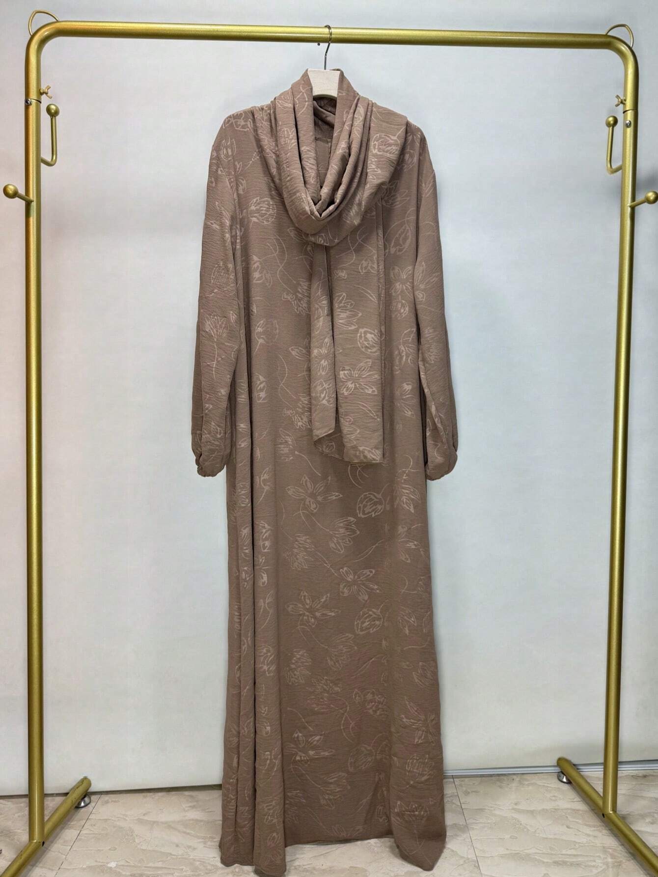 Chiffon Crinkle Printed Hijab Abaya Set Floral Sleeve Design Nida