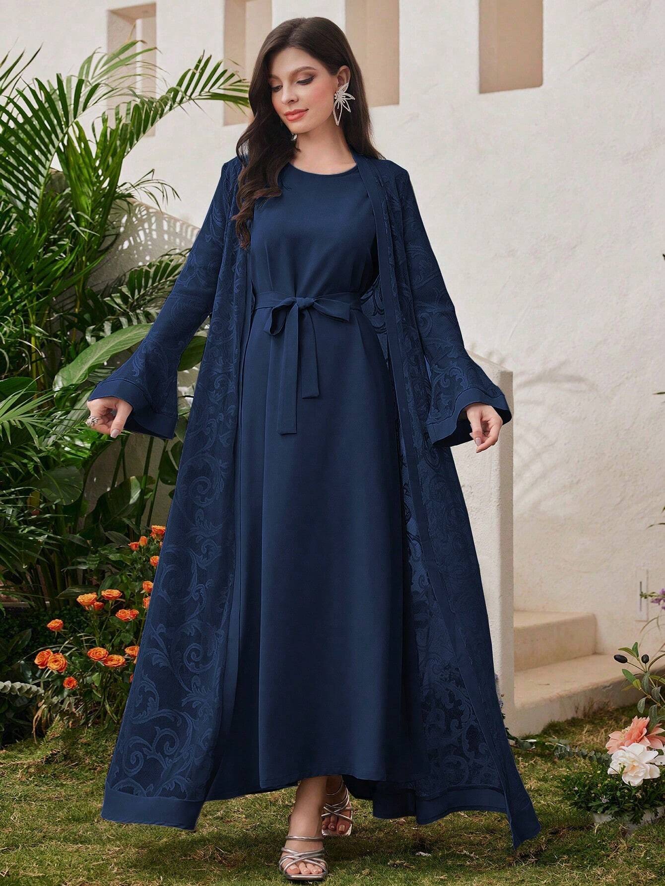 Women Solid Color Round Neck Belted Long Sleeve Modest Dress +