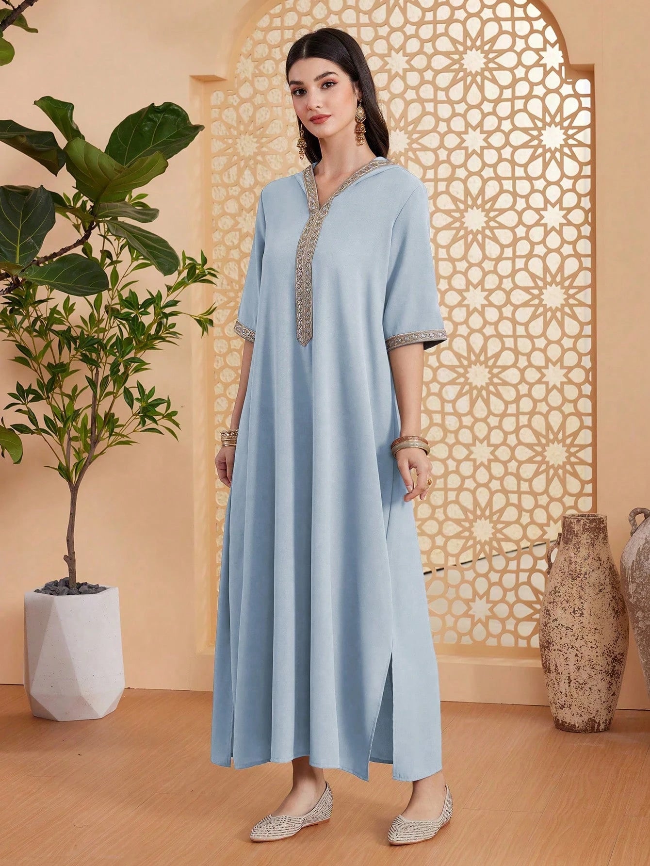 Women's Patchwork Webbing Hooded Half Sleeve Loose Turkish Dress