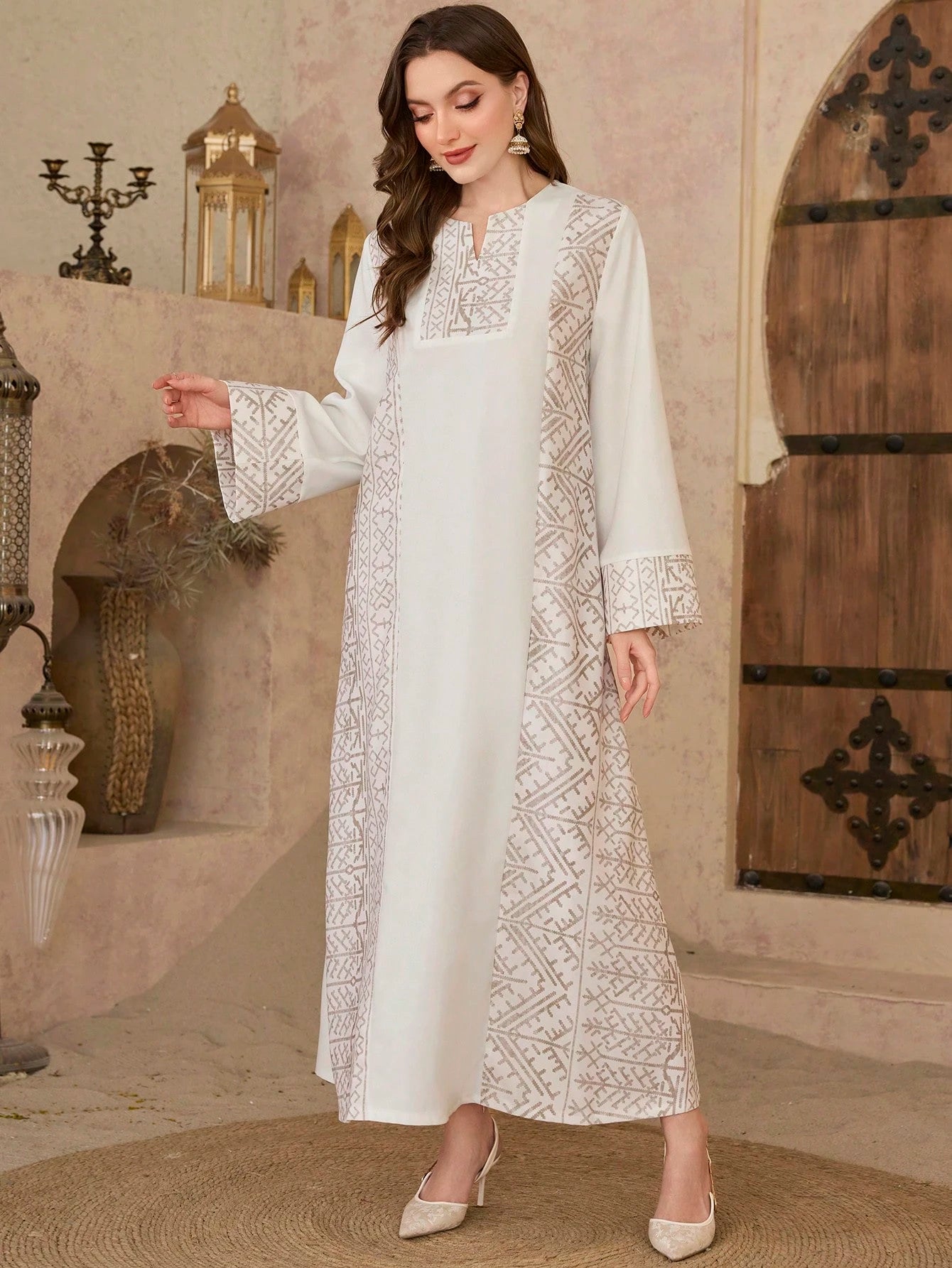 Elegant Dubai Print Contrast Color Arab Turkish Long Robe
