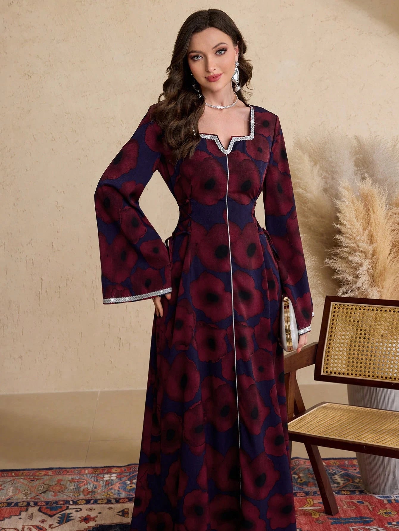 Women's Floral Print Bell Sleeve Arabian Style Dress
