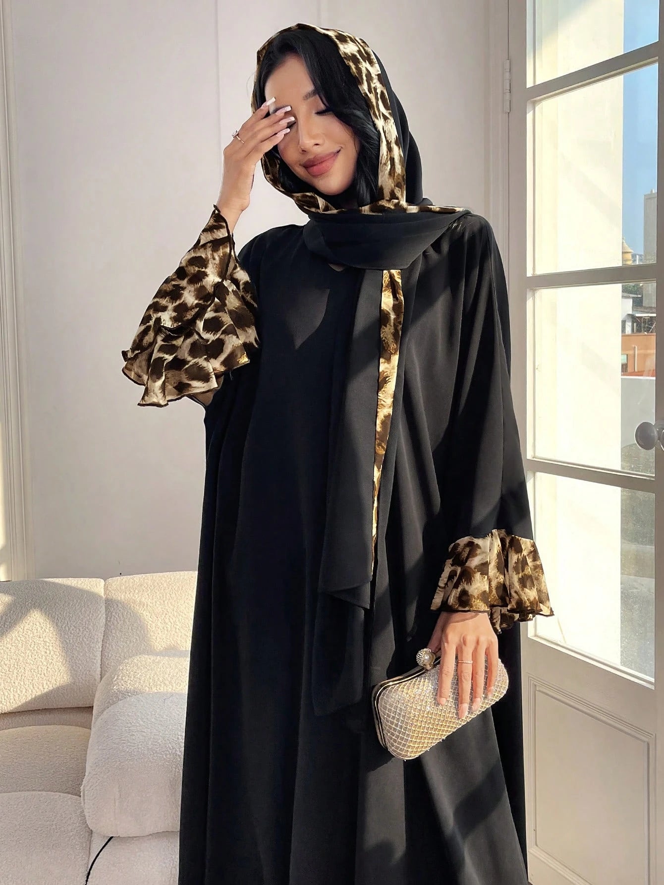 Women's Leopard Print Patchwork Long Sleeve Casual Loose Arabic Style