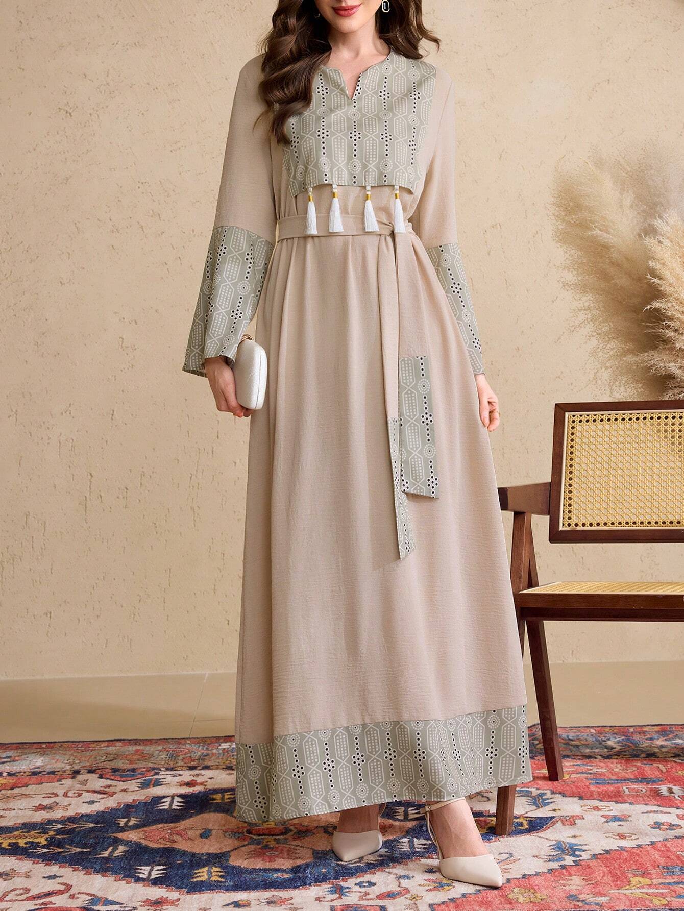Women's Elegant Arabic Style Splice Fringe Sleeve Long Dress