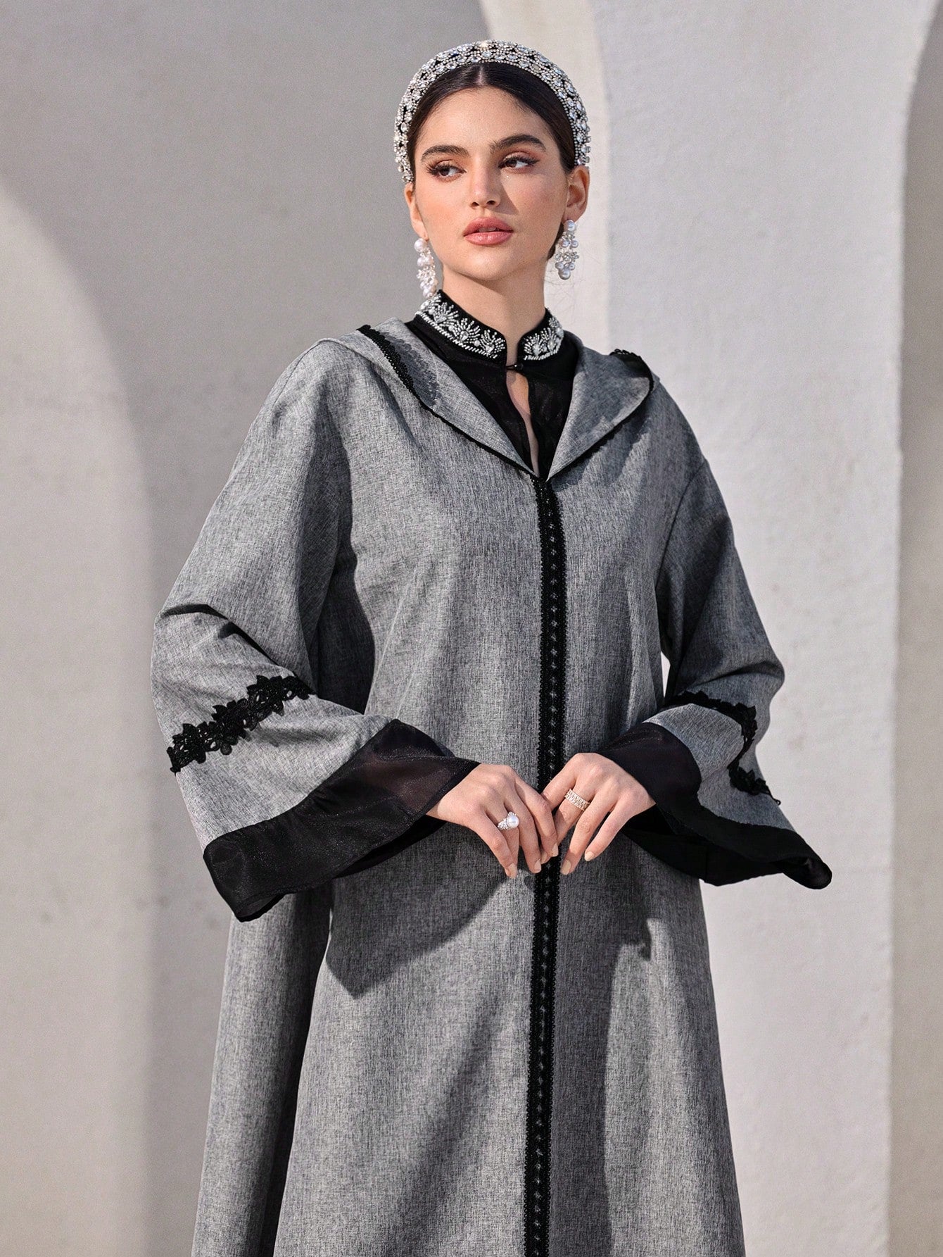 Women's Solid Color Patchwork Long Sleeve Casual Hooded Arabic Style