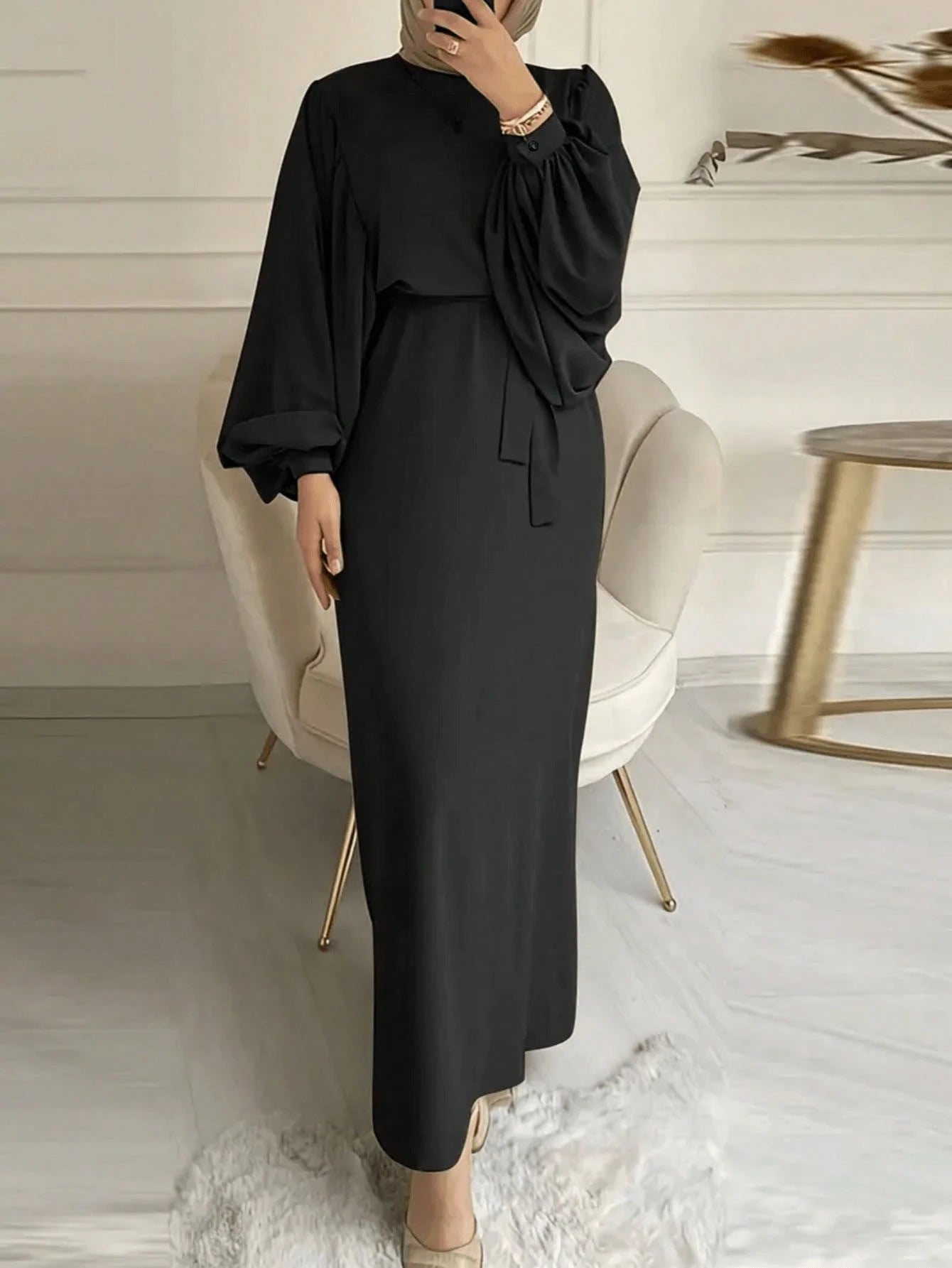 Women's Casual Solid Color Lantern Sleeve Round Neck Waist Cinched