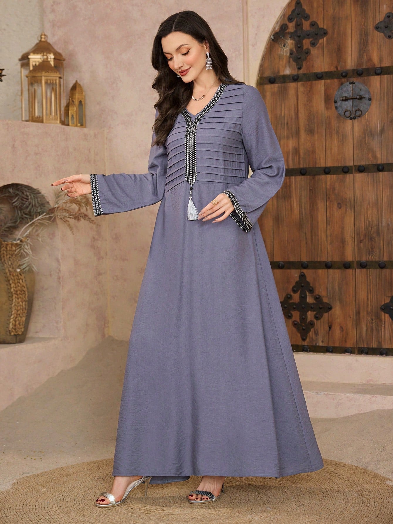Women's Ribbon Decor Trumpet Sleeve Arabian Dress