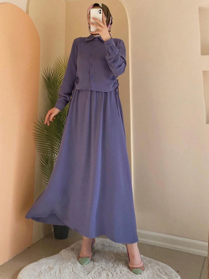 Fashionable Women's Casual Drawstring Shirt and Dress Set