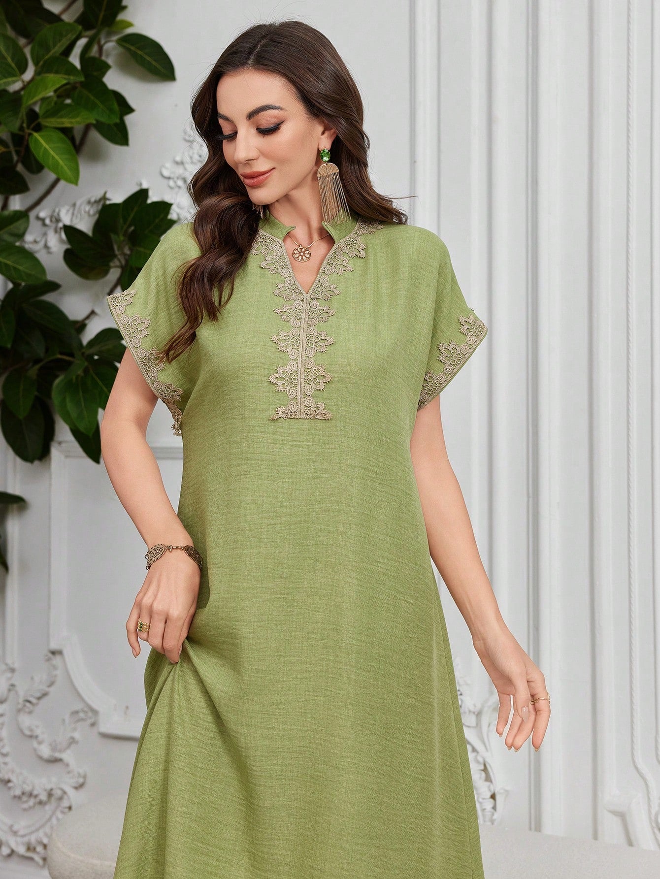 Embroidered Collar Floral Raglan Sleeve Stand Collar Elegant Dress