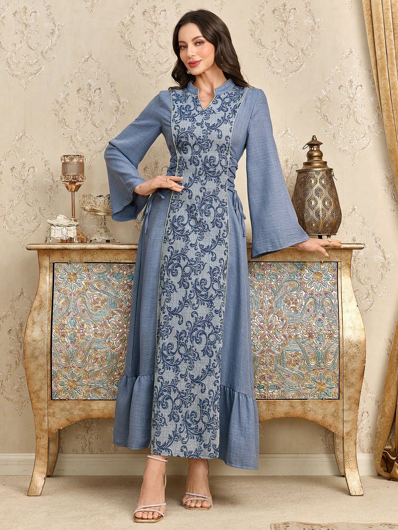 Stand Collar Lace-up Women Arabic Style Dress