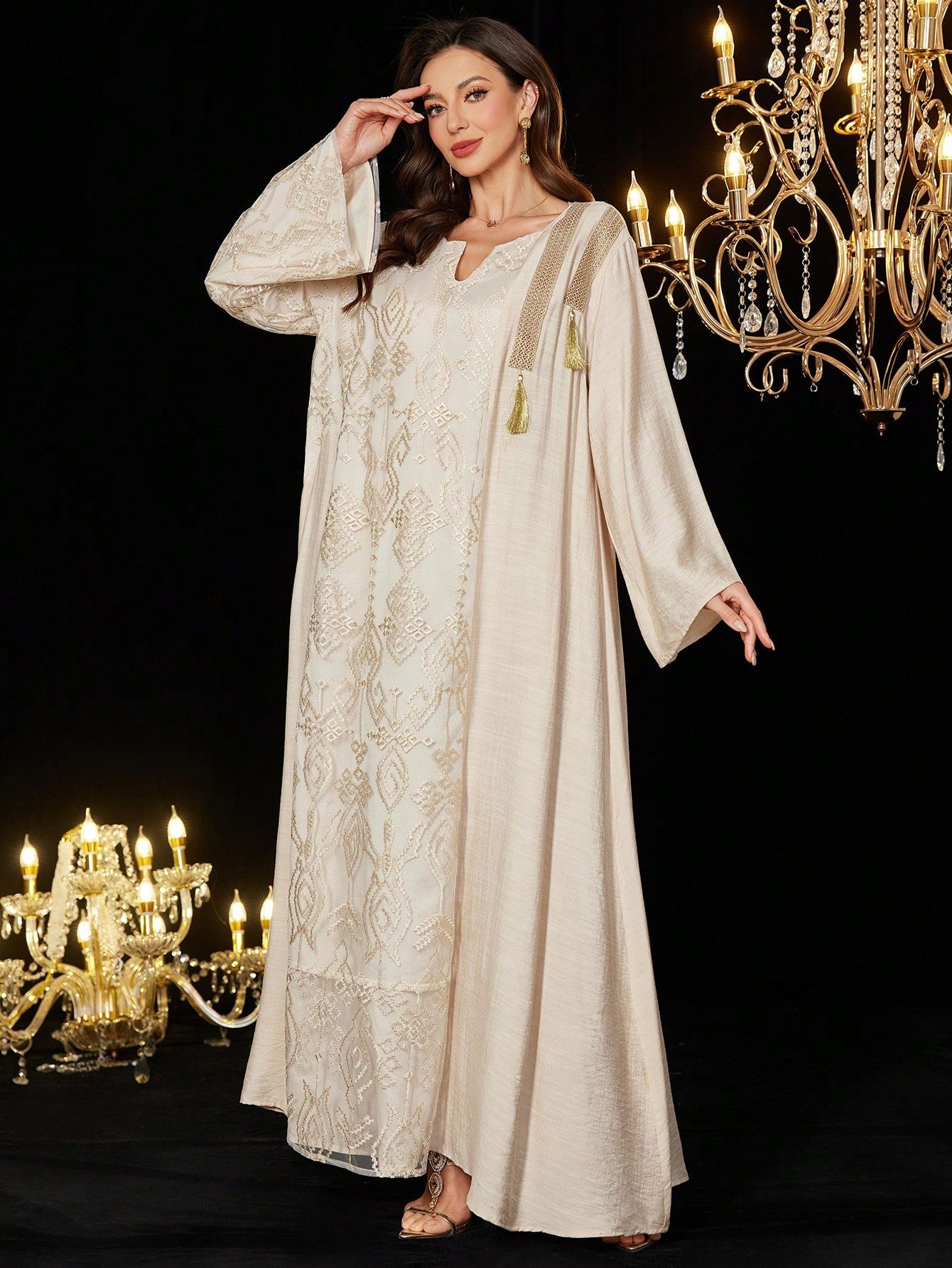 Embroidered Mesh Tassel Trim Turkish & Arabic Style Maxi Dress for