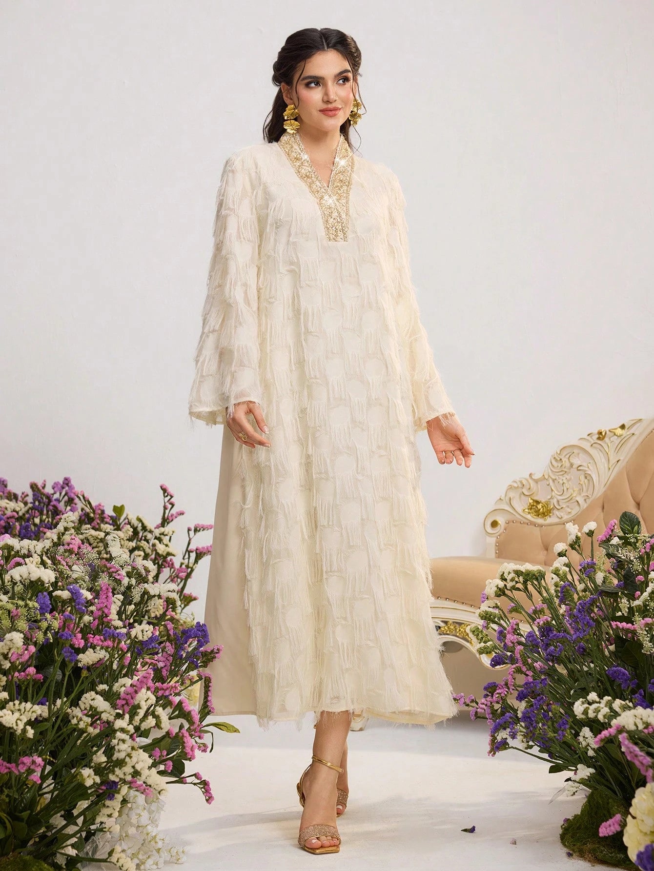 Women's Elegant Banquet Apricot Tassel Fringe Trim V-neck Webbing