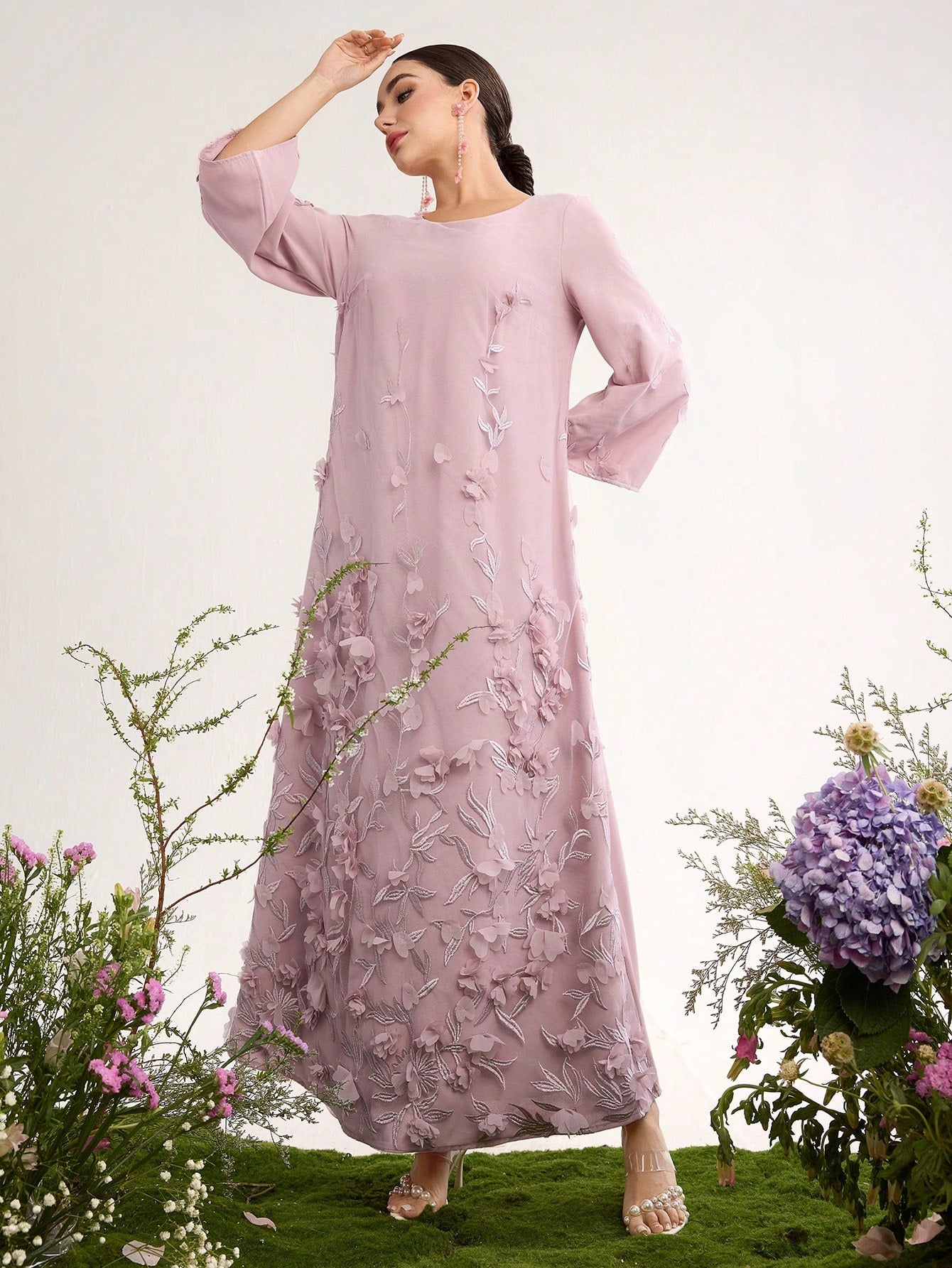 Premium Custom 3d Embroidery Romantic Elegant Women Luxury Midi Dress