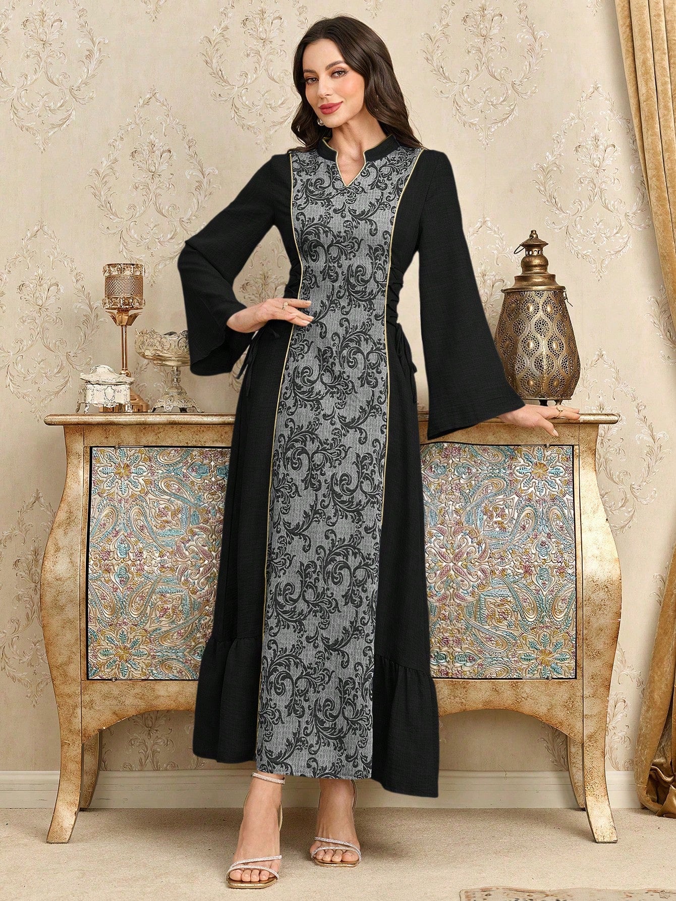Women's Arabic Style Stand Collar Tied Dress