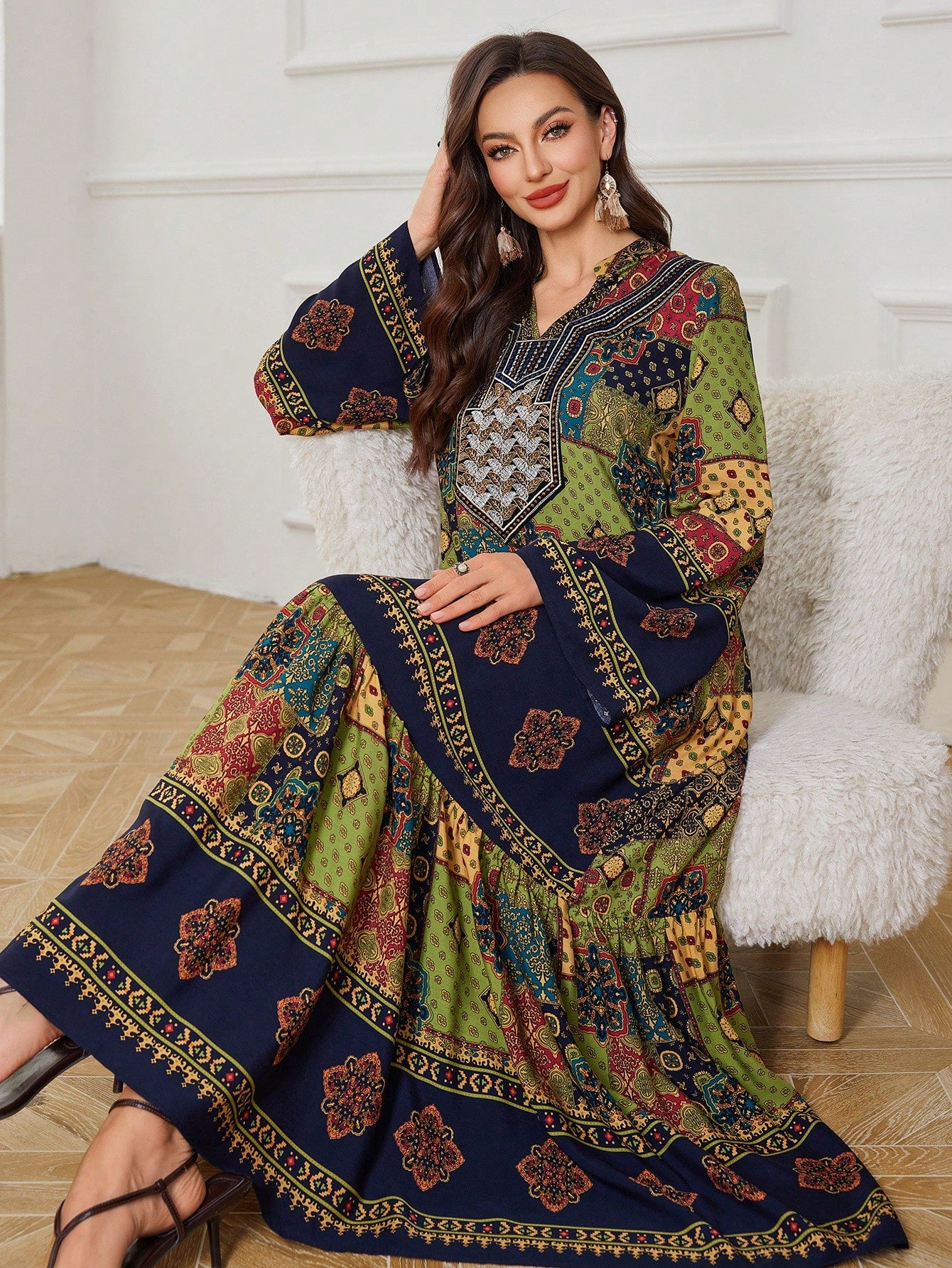 Conservative Casual Floral Print Long Dress for Women Fall Cloth for