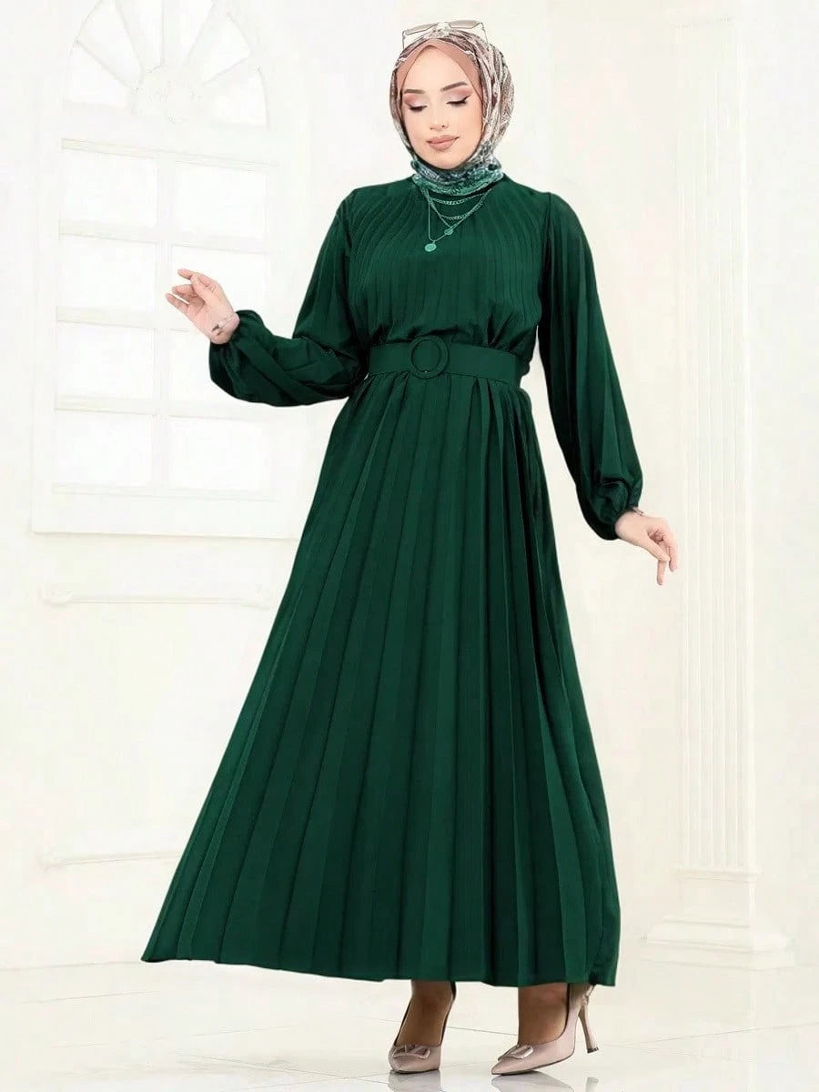 Fashion Women's Casual Round Neck Belt Pleated Loose Dress