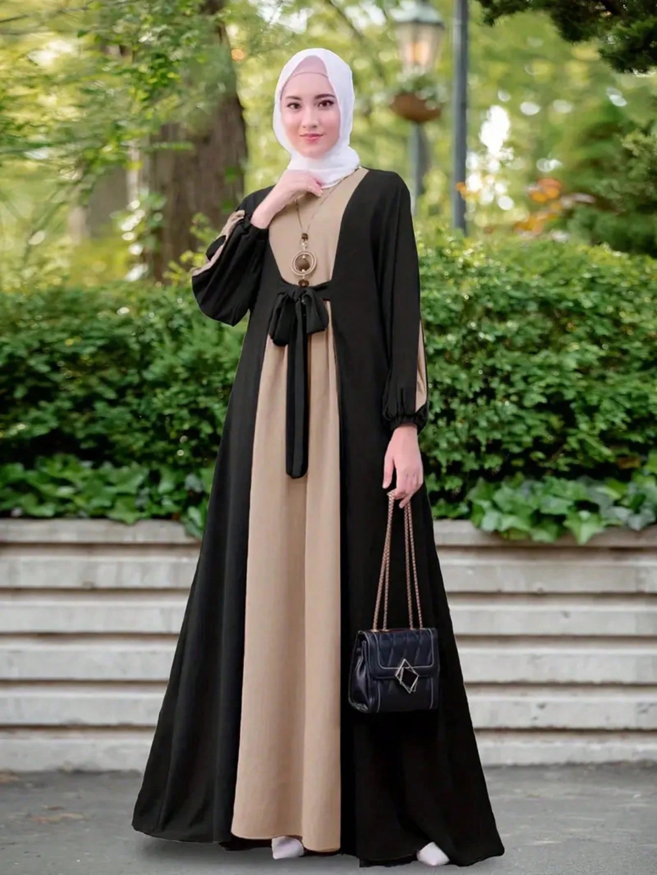 Women's Fashion Color Block Modest Waist Elastic Cuff Round Neck Long