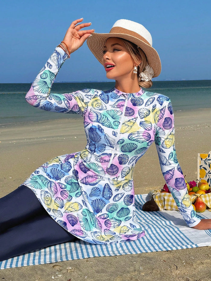 2 Pieces Women Set Seashell Print Long Sleeve Mock Neck Tight Top a