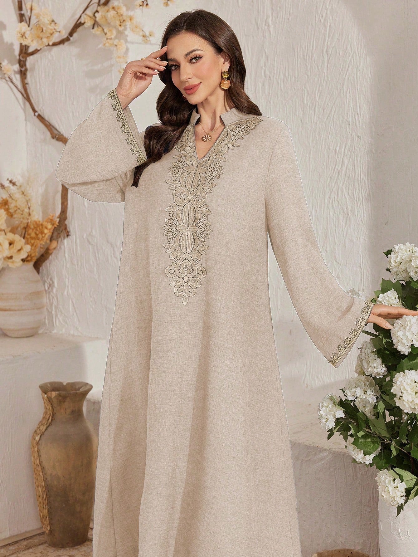 Elegant Embroidered Collar and Flared Sleeve Dress