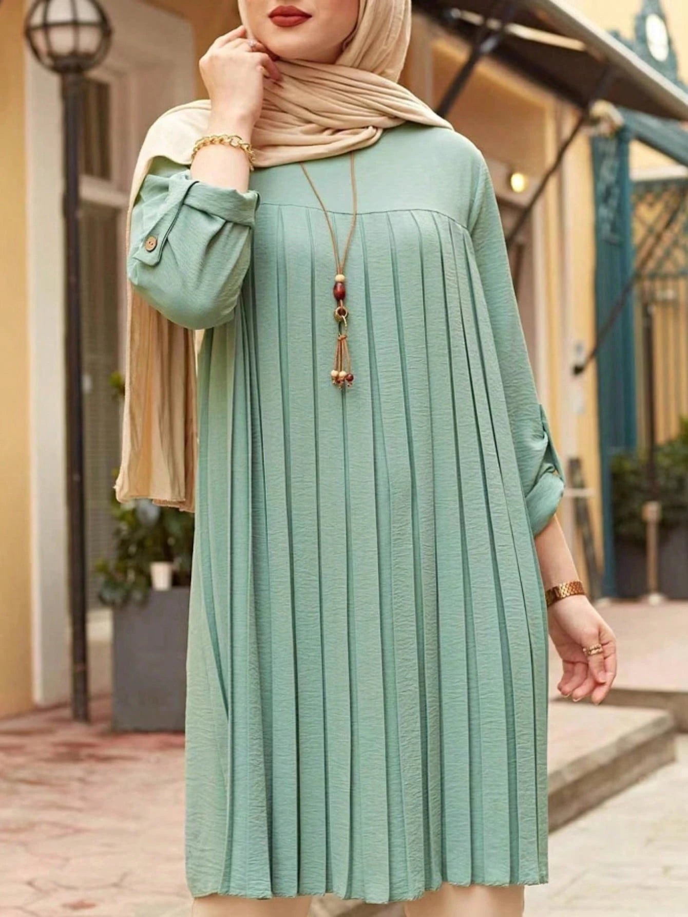 Modest Women's Mint Green Pleated Loose-fit Blouse with Rolled Button
