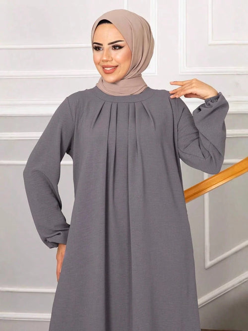 Women's Casual Retro Solid Color Round Neck Long Loose Muslim Robe